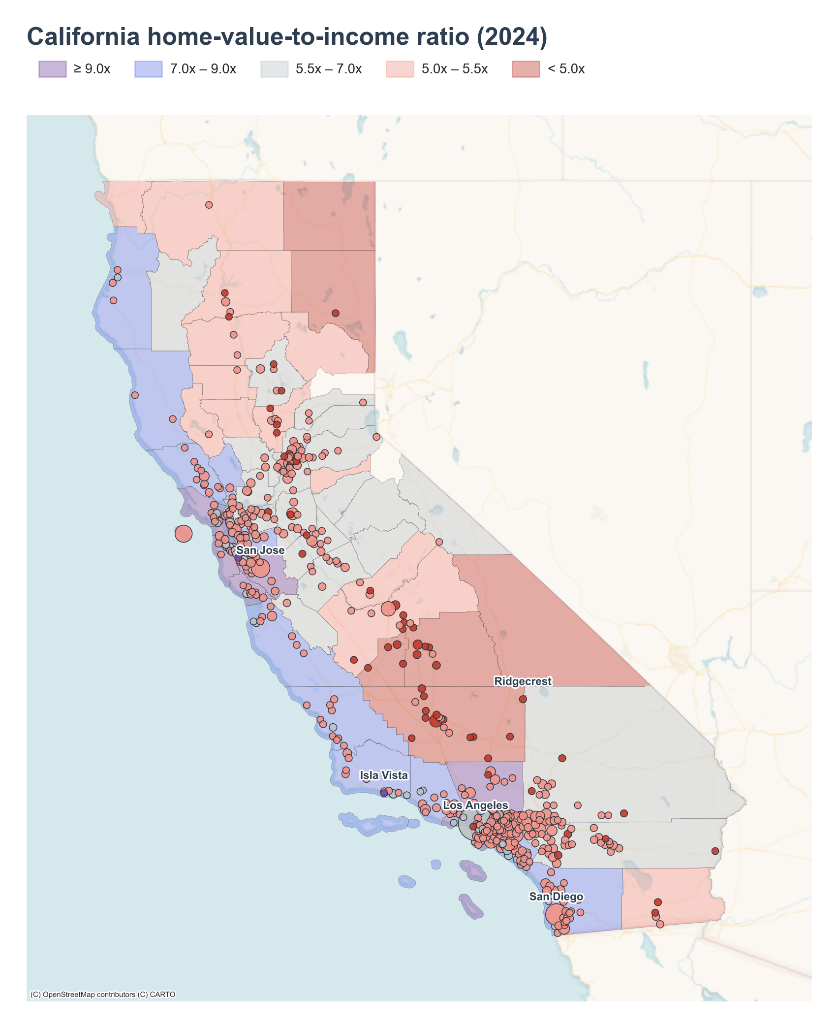 California counties shaded by 2024 home-value-to-income ratio with place markers