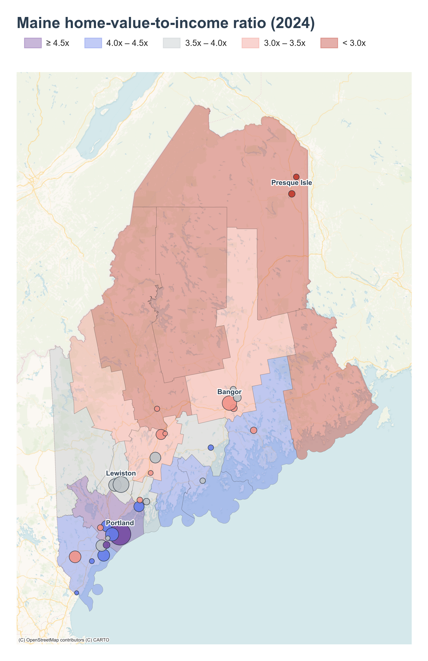 Maine counties shaded by 2024 home-value-to-income ratio with place markers