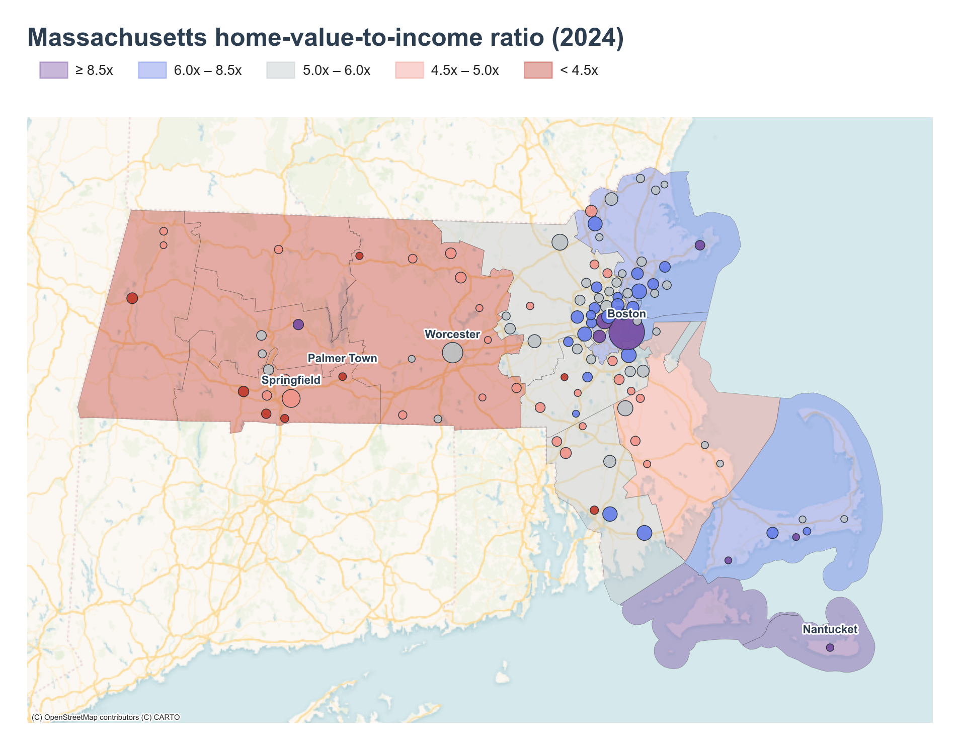 Massachusetts counties shaded by 2024 home-value-to-income ratio with place markers