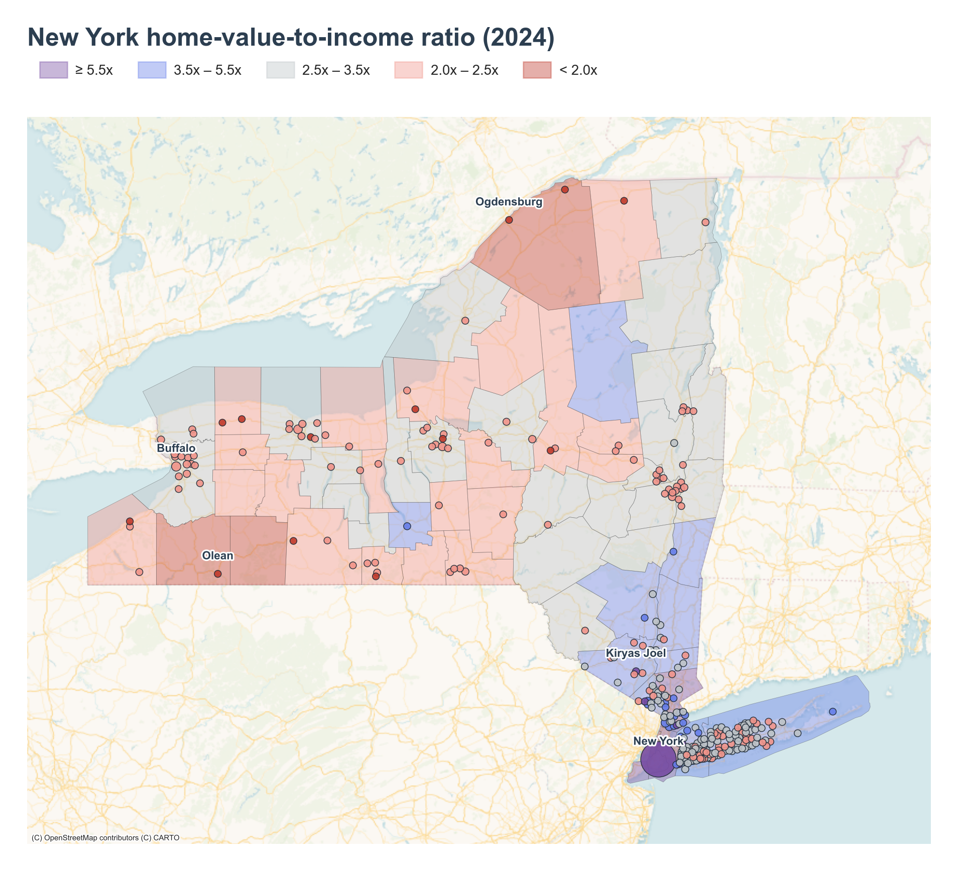 New York counties shaded by 2024 home-value-to-income ratio with place markers