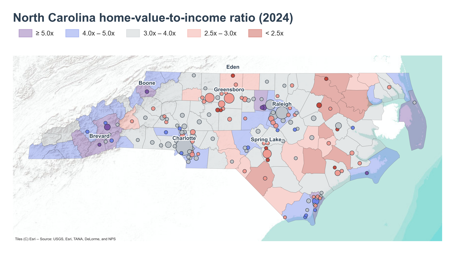 North Carolina counties shaded by 2024 home-value-to-income ratio with place markers overlaid