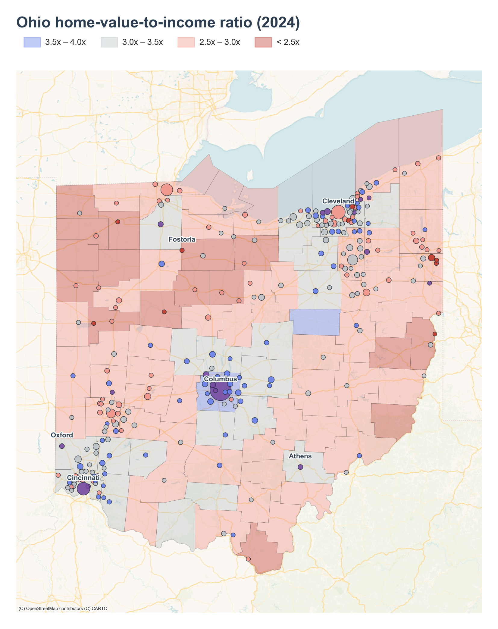 Ohio counties shaded by 2024 home-value-to-income ratio with place markers