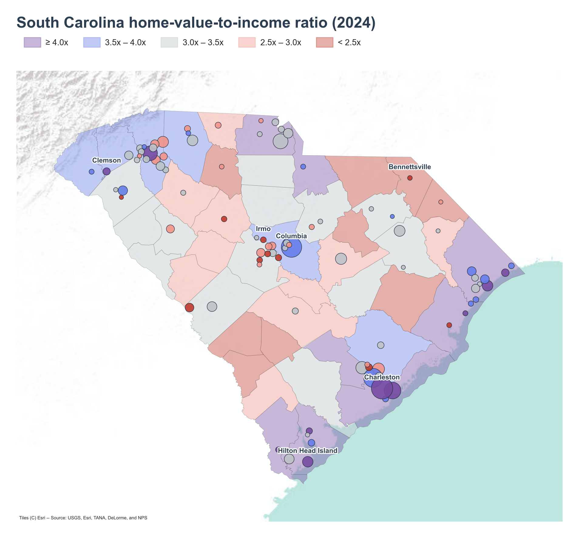 South Carolina counties shaded by 2024 home-value-to-income ratio with place markers overlaid