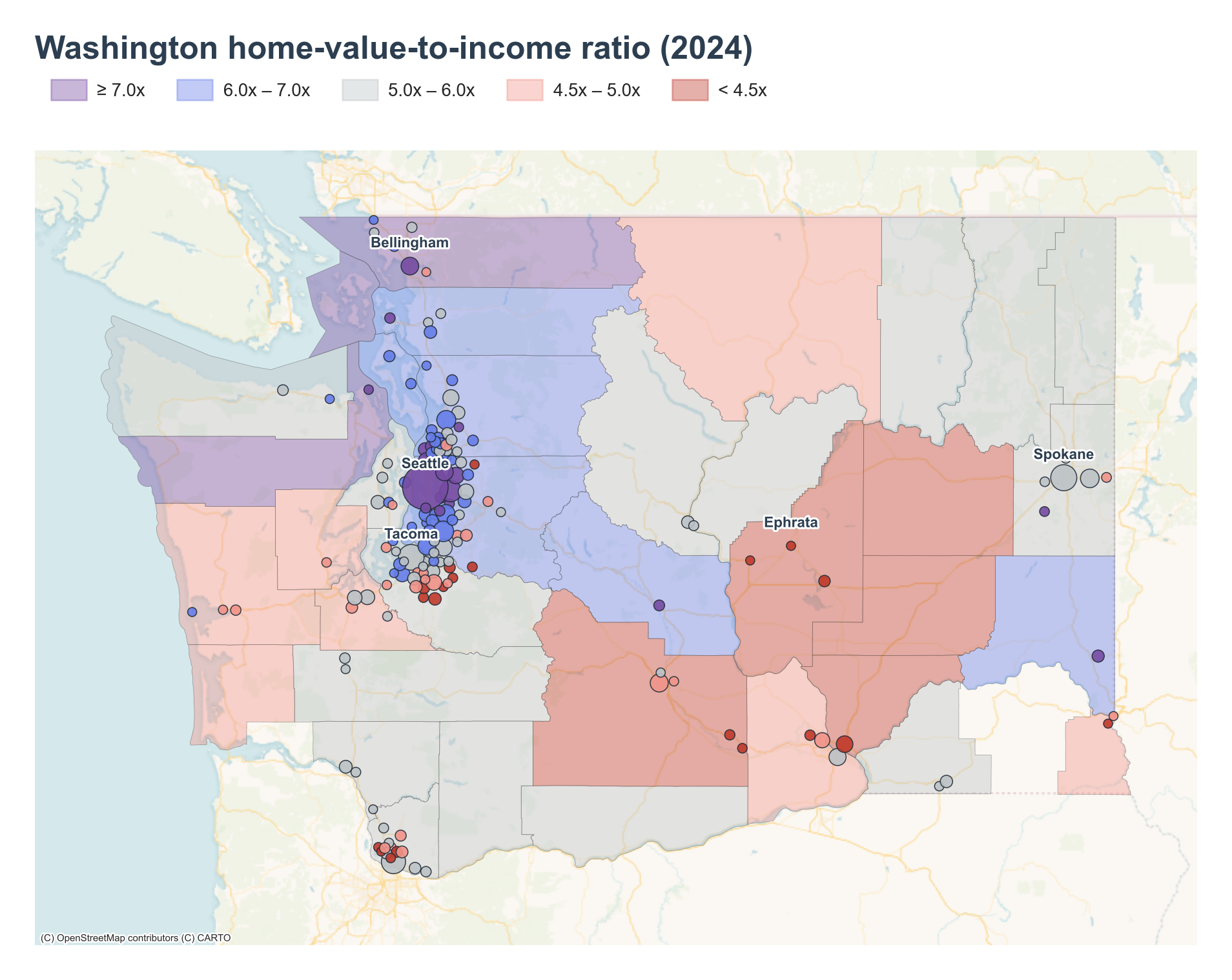 Washington counties shaded by 2024 home-value-to-income ratio with place markers