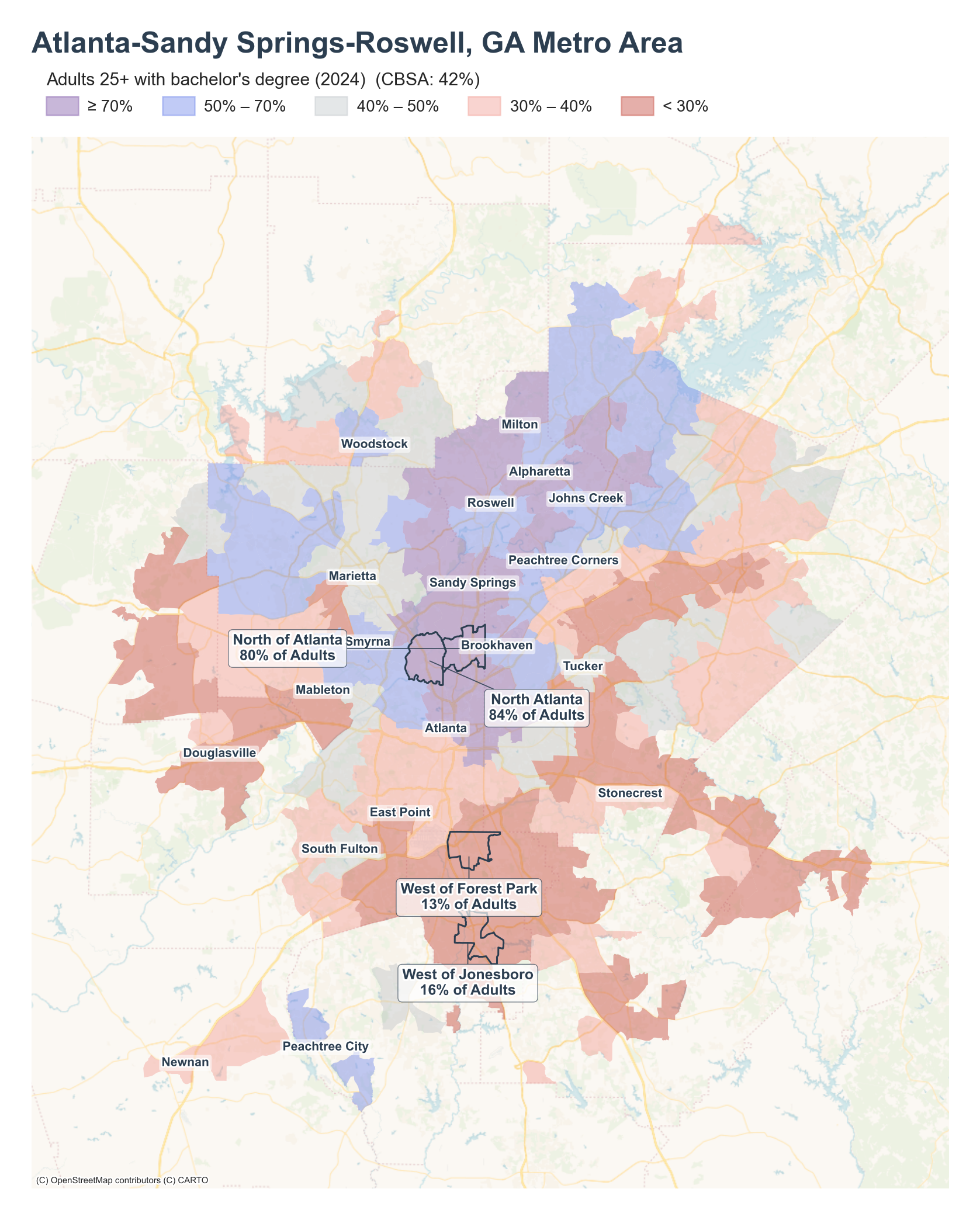 Adults 25+ with bachelor's degree (2024) by neighborhood across the Atlanta metro