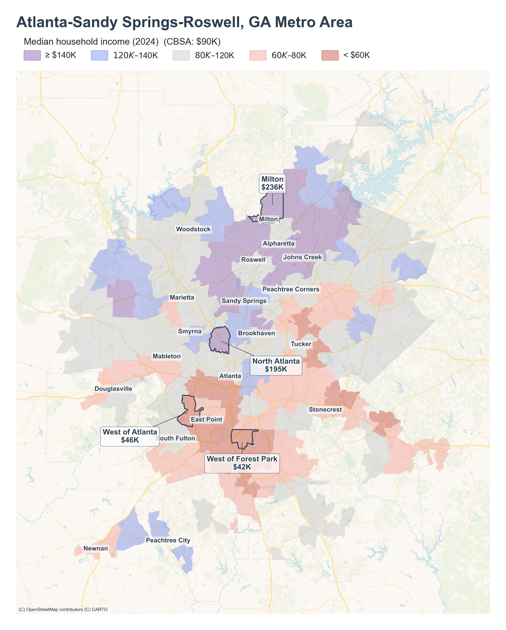 Median household income (2024) by neighborhood across the Atlanta metro