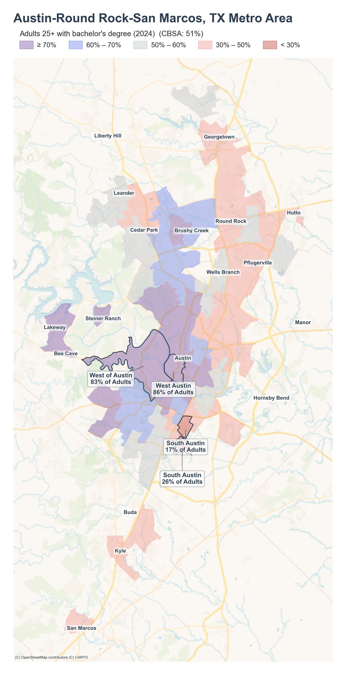 Adults 25+ with bachelor's degree (2024) by neighborhood across the Austin metro
