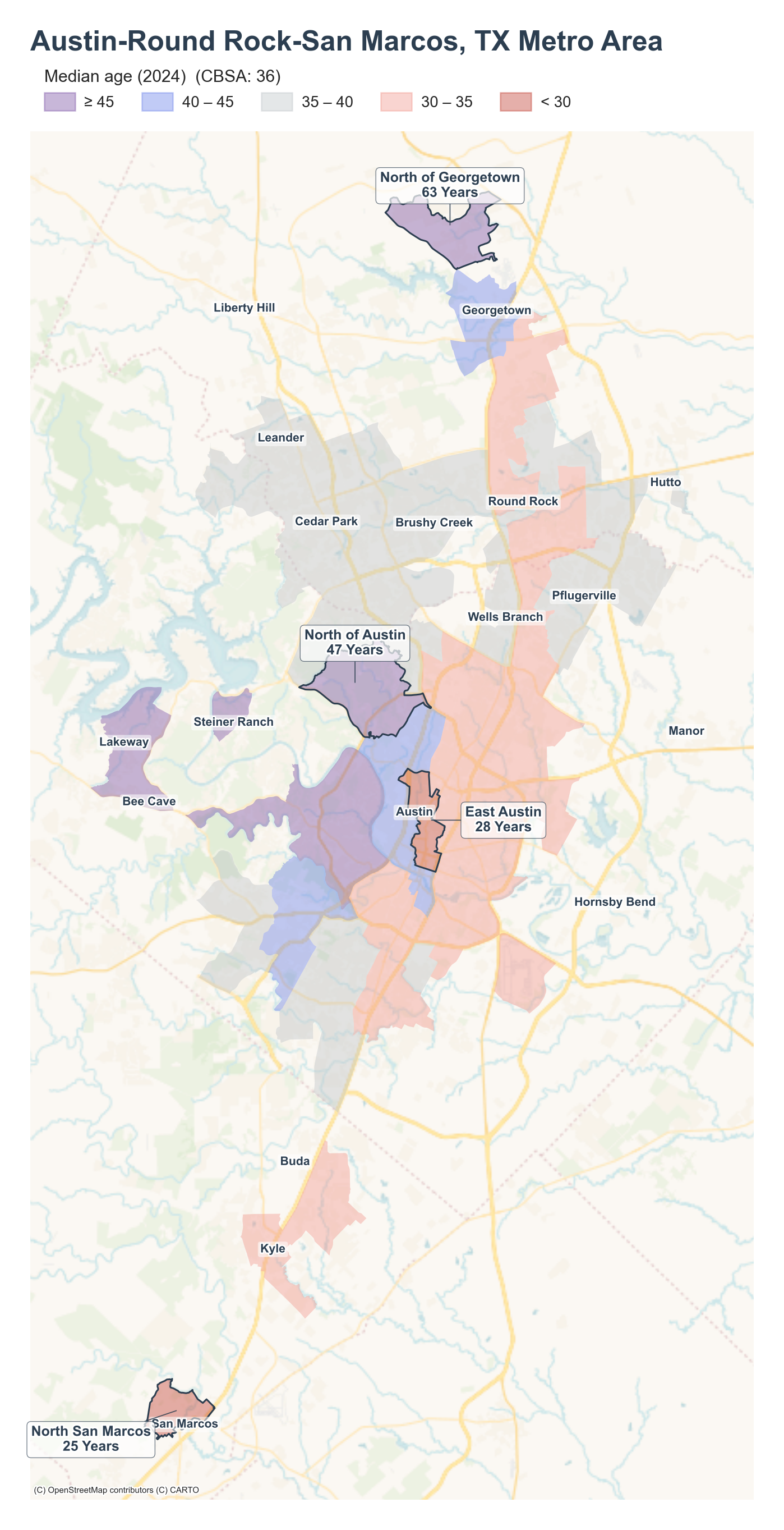 Median age (2024) by neighborhood across the Austin metro