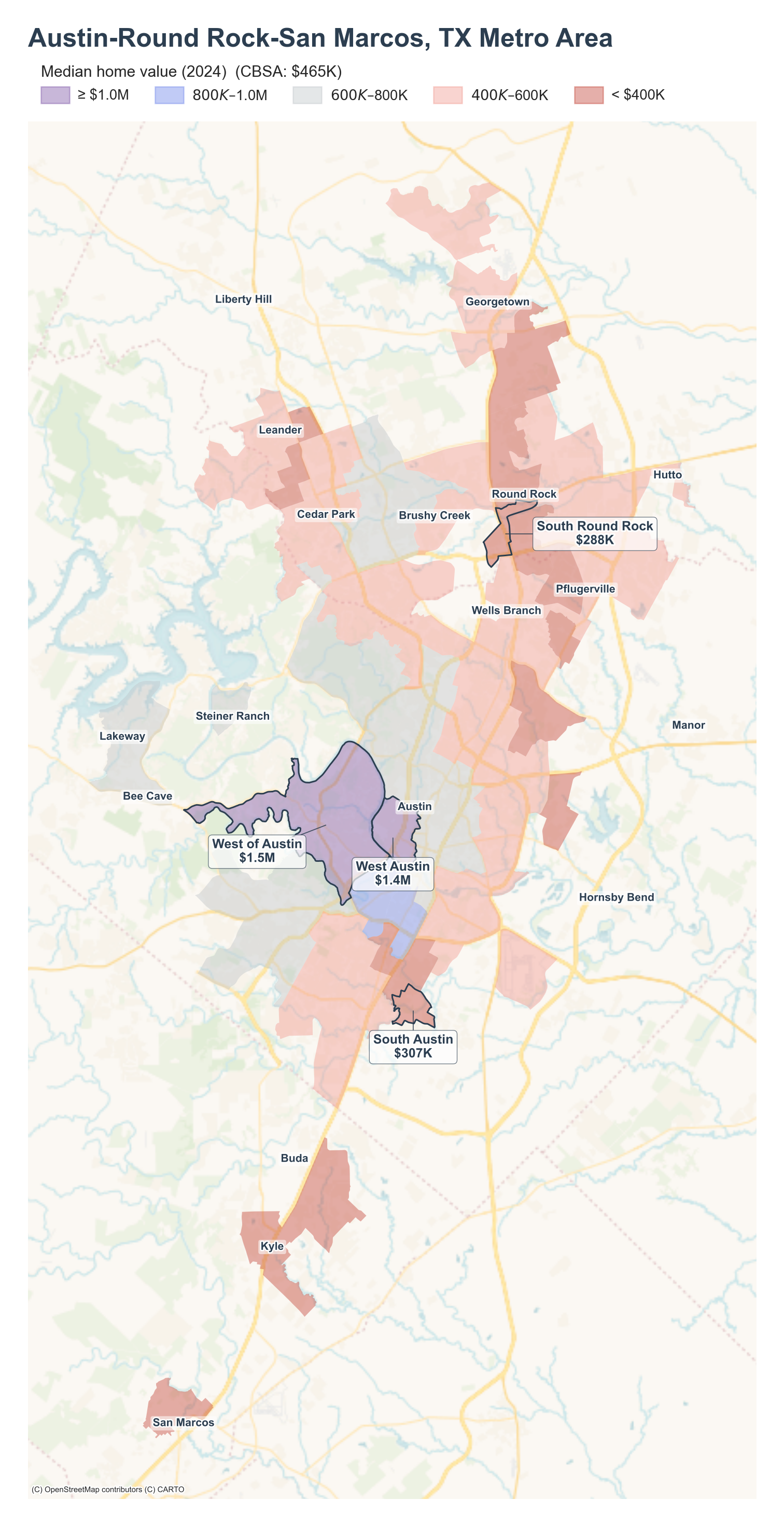 Median home value (2024) by neighborhood across the Austin metro