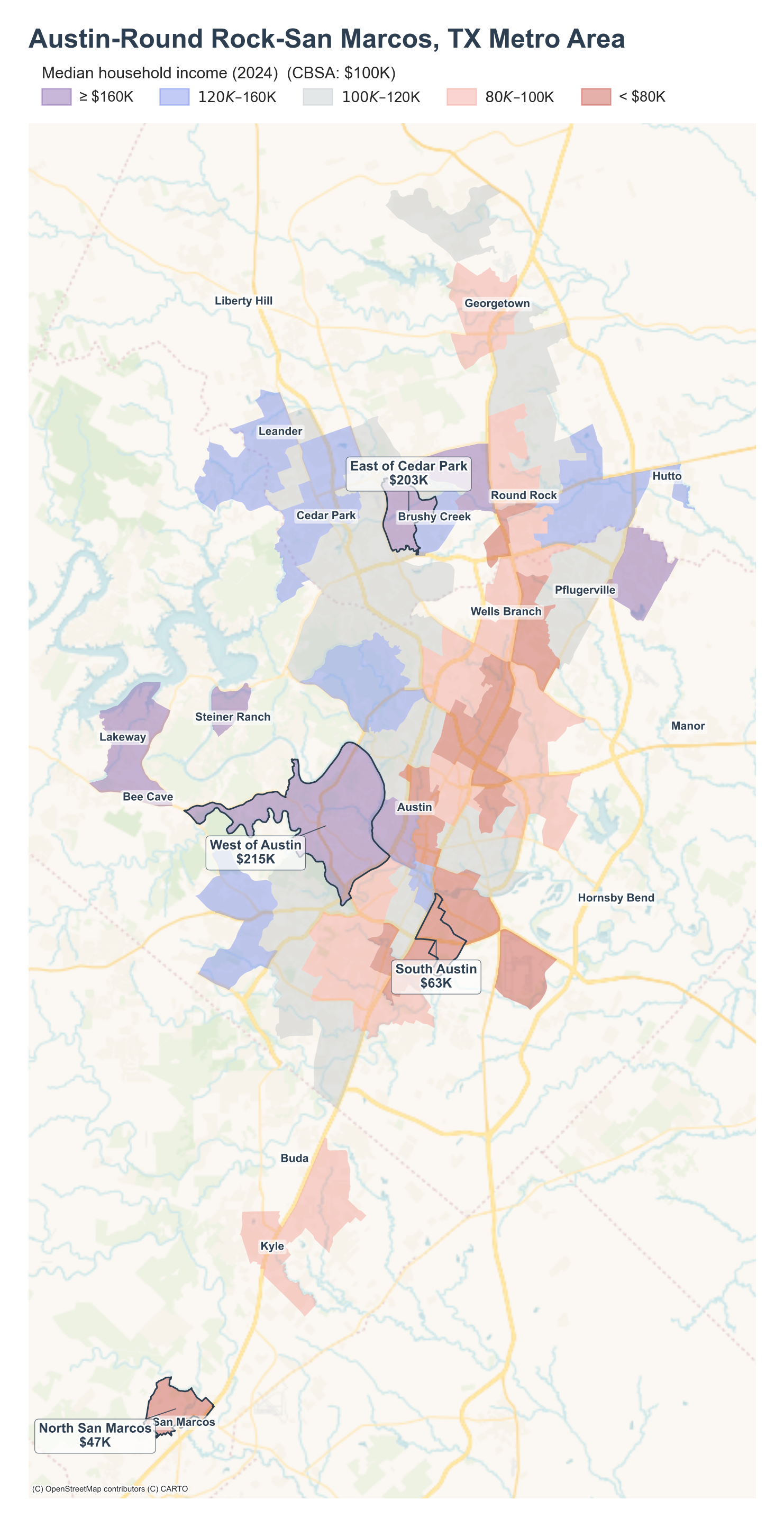 Median household income (2024) by neighborhood across the Austin metro