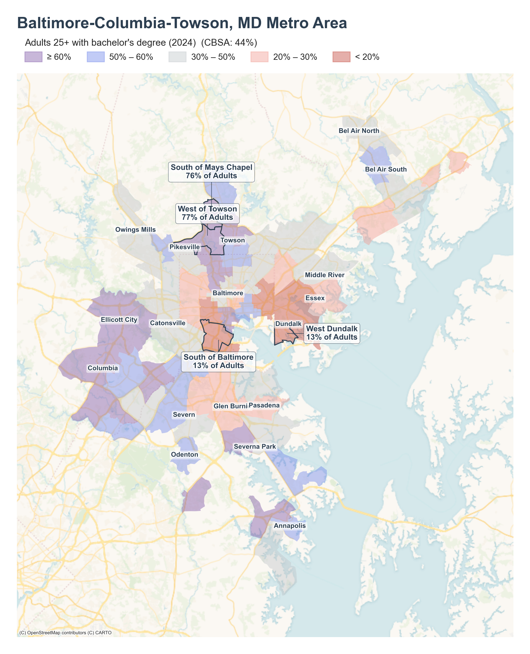 Adults 25+ with bachelor's degree (2024) by neighborhood across the Baltimore metro
