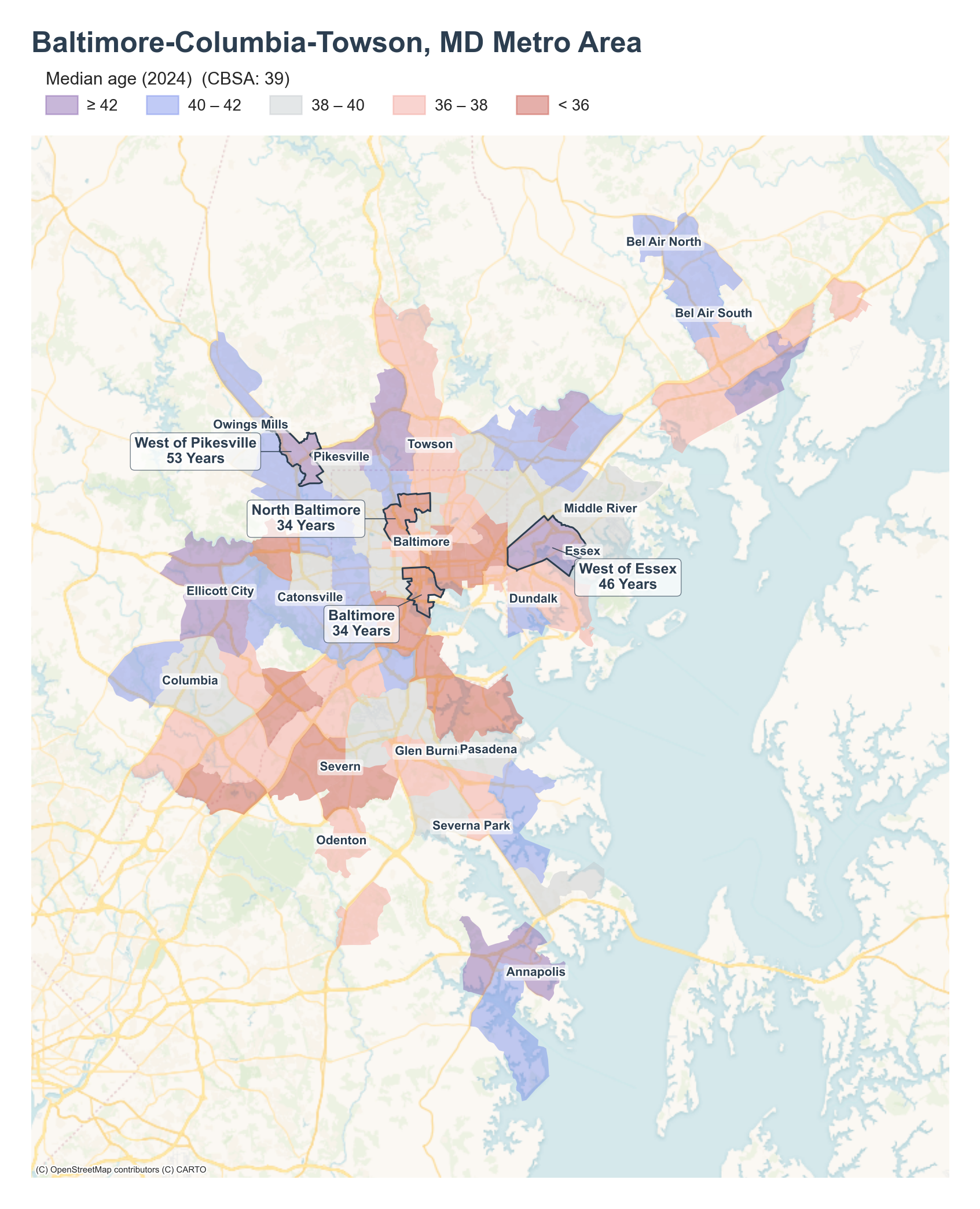 Median age (2024) by neighborhood across the Baltimore metro