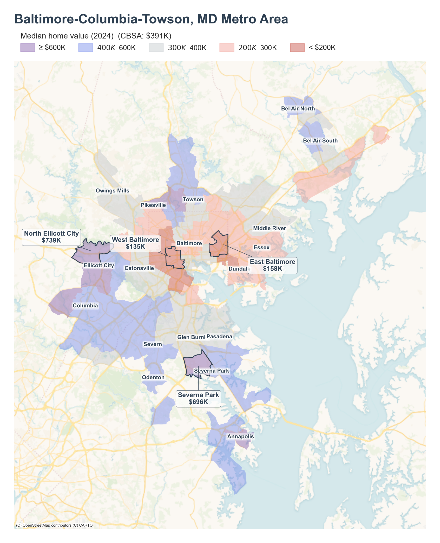 Median home value (2024) by neighborhood across the Baltimore metro