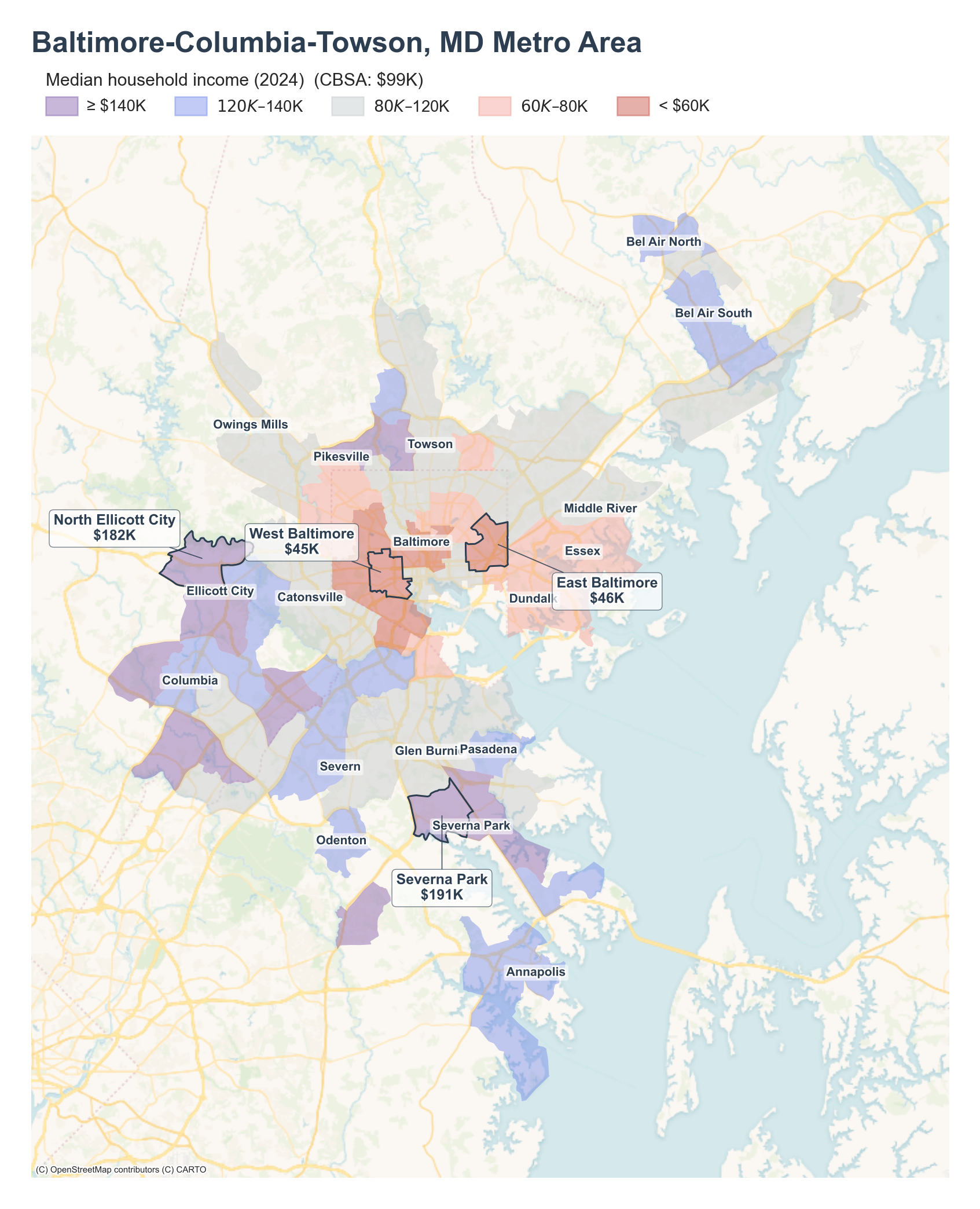 Median household income (2024) by neighborhood across the Baltimore metro