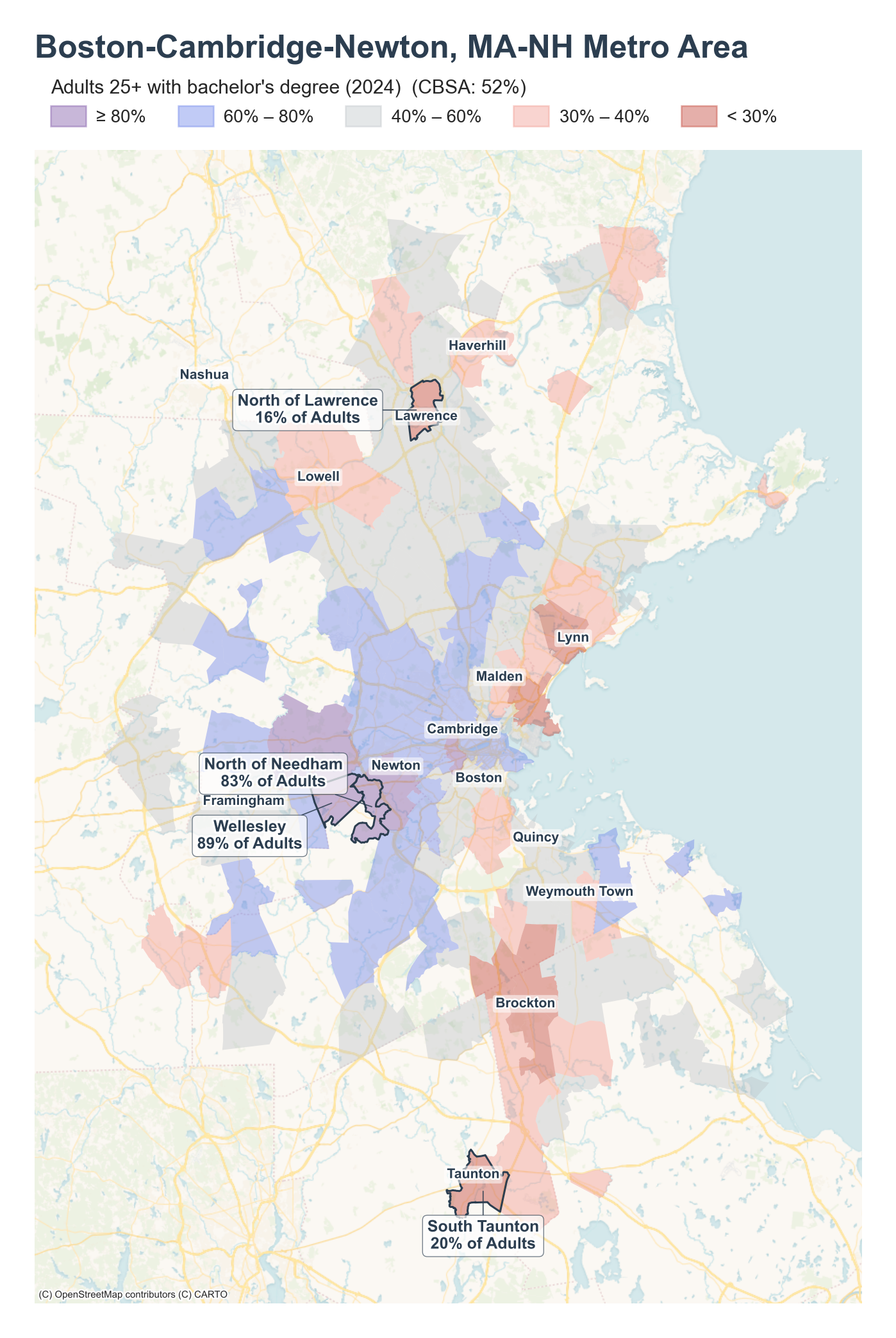 Adults 25+ with bachelor's degree (2024) by neighborhood across the Boston metro