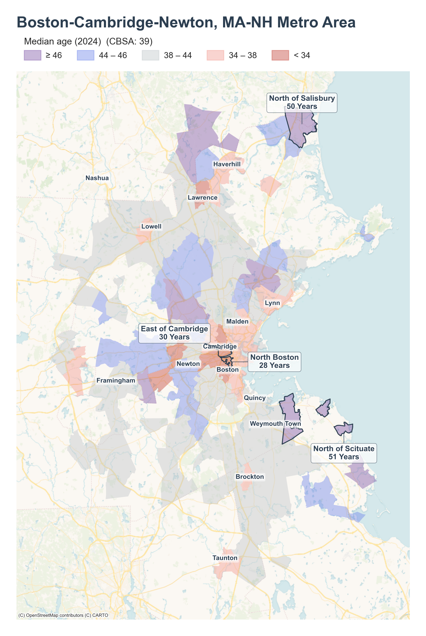 Median age (2024) by neighborhood across the Boston metro