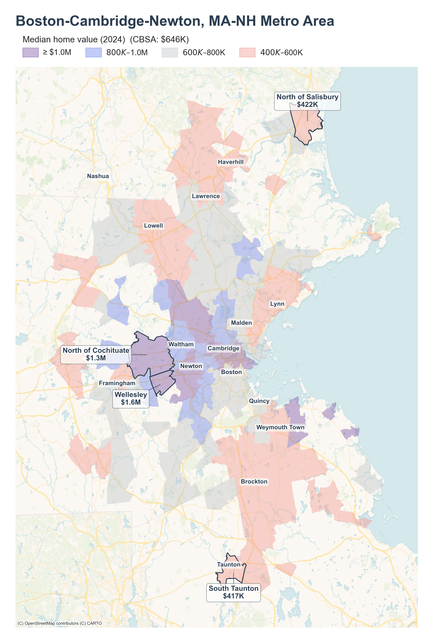 Median home value (2024) by neighborhood across the Boston metro