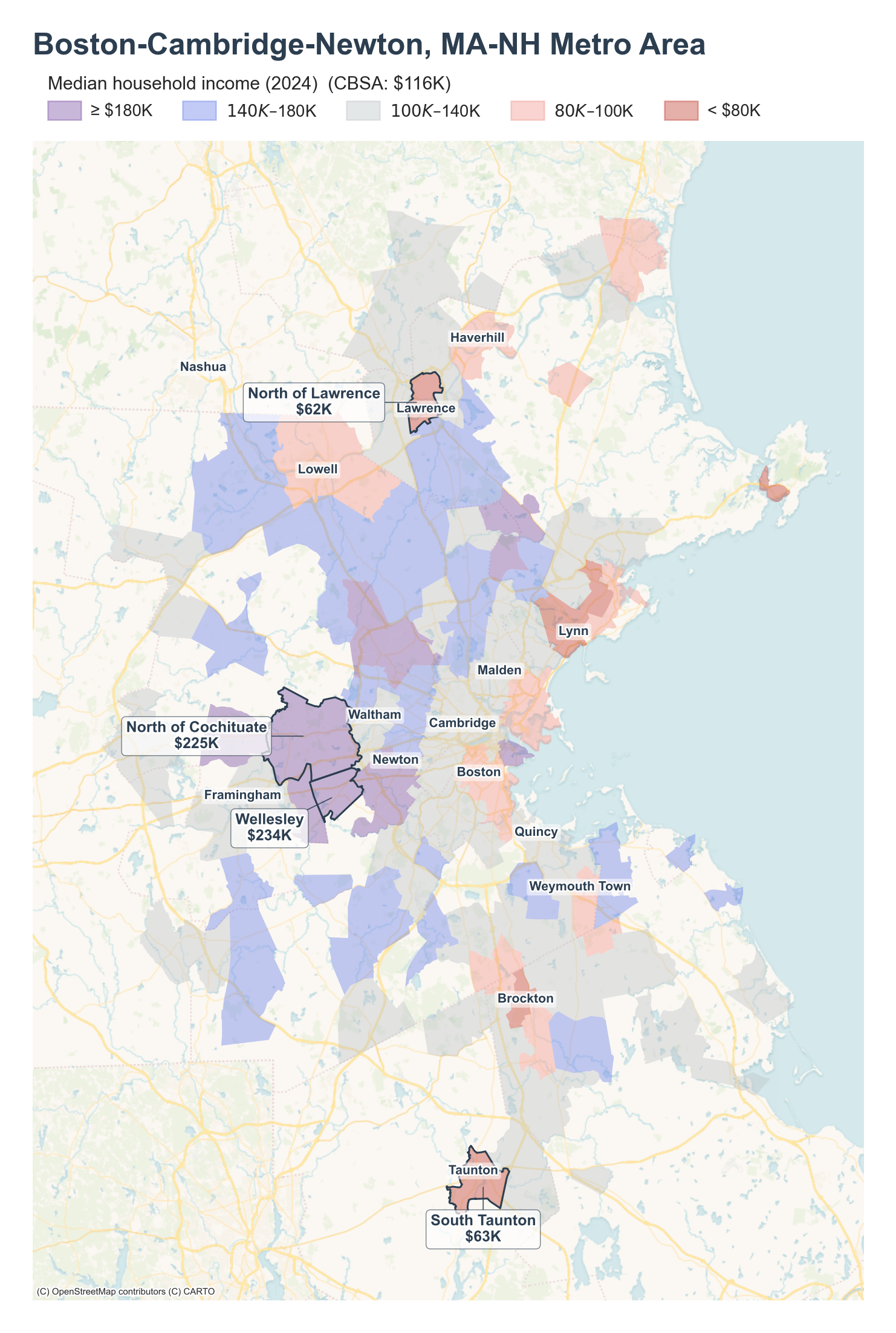 Median household income (2024) by neighborhood across the Boston metro