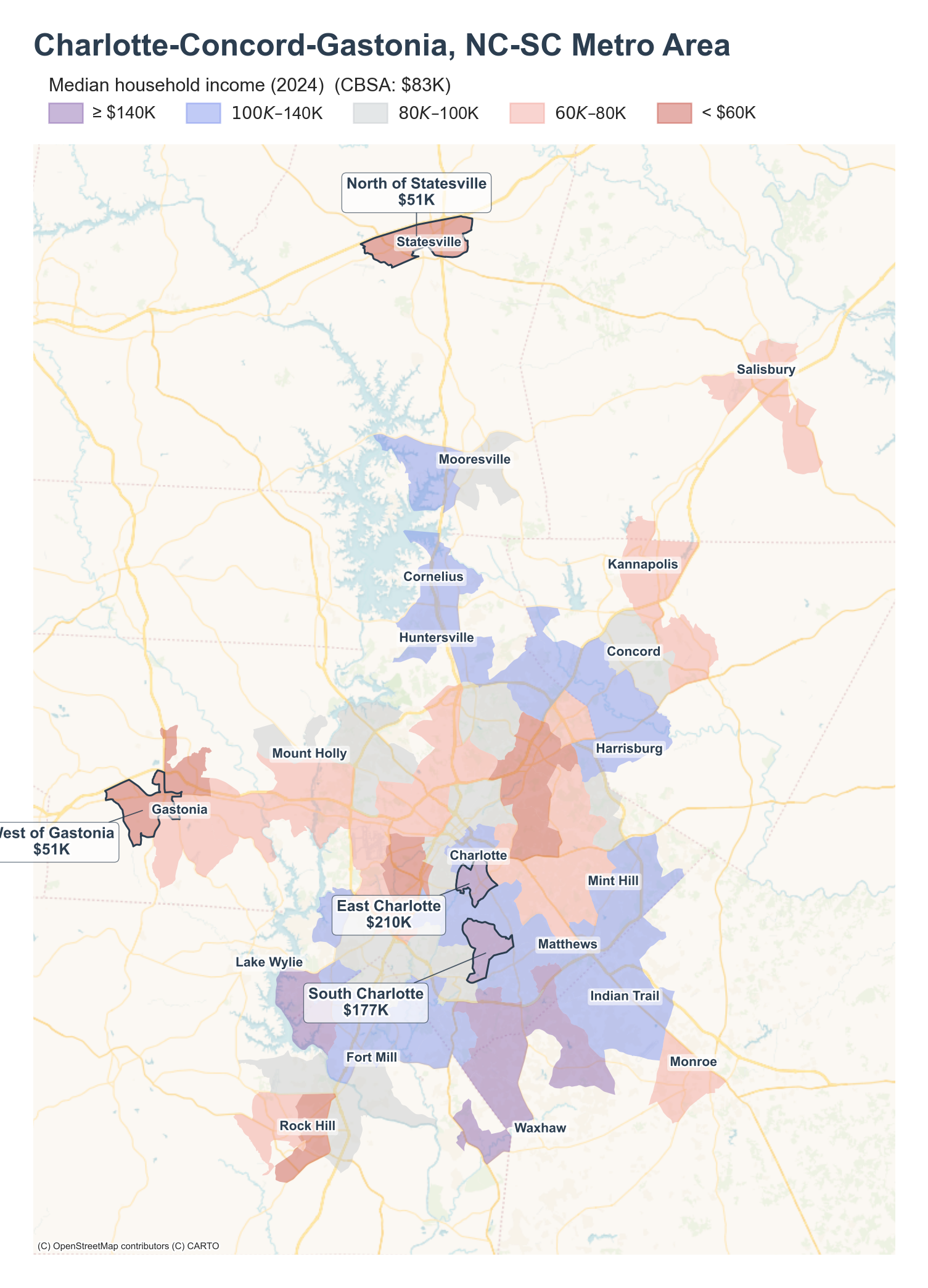 Median household income (2024) by tract cluster
