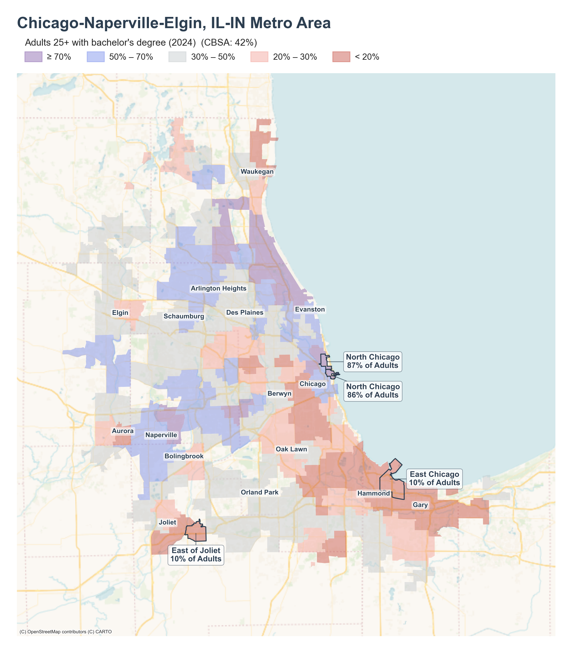 Adults 25+ with a bachelor's degree (2024) by neighborhood across the Chicago–Naperville–Elgin metro