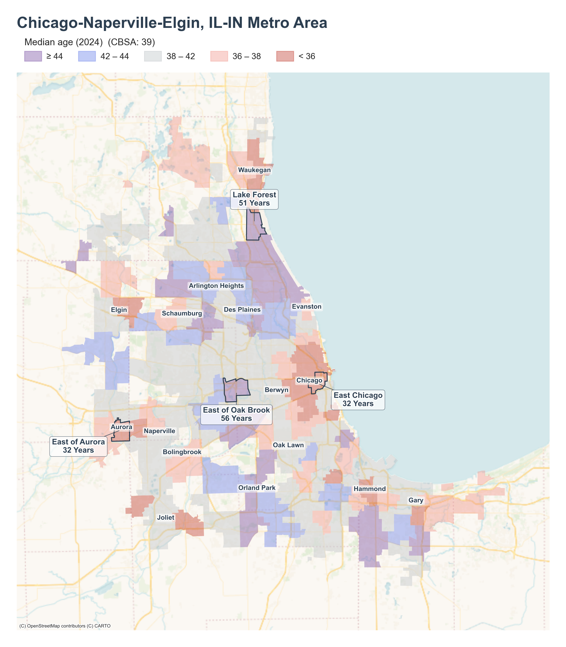 Median age (2024) by neighborhood across the Chicago–Naperville–Elgin metro