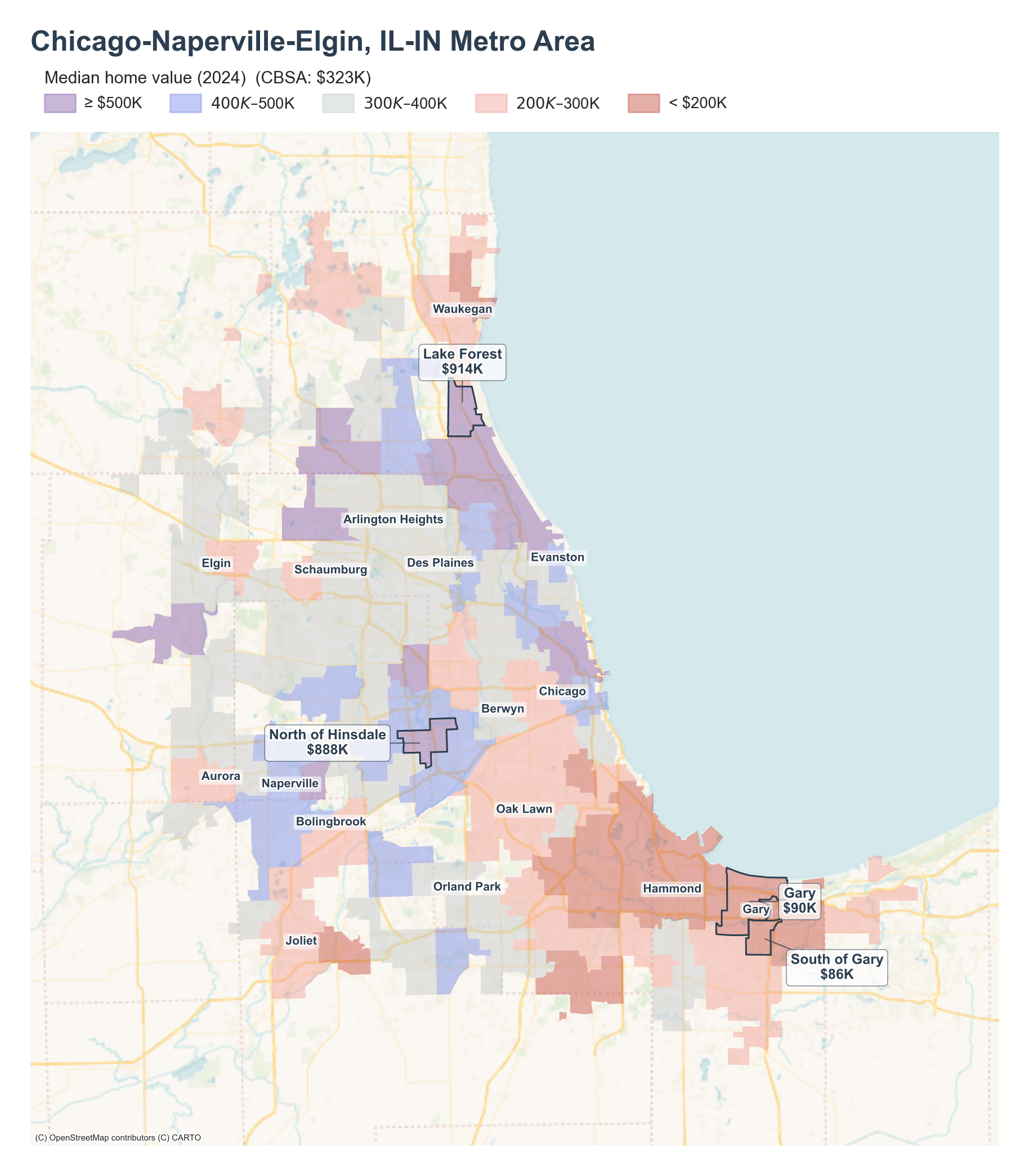 Median home value (2024) by neighborhood across the Chicago–Naperville–Elgin metro