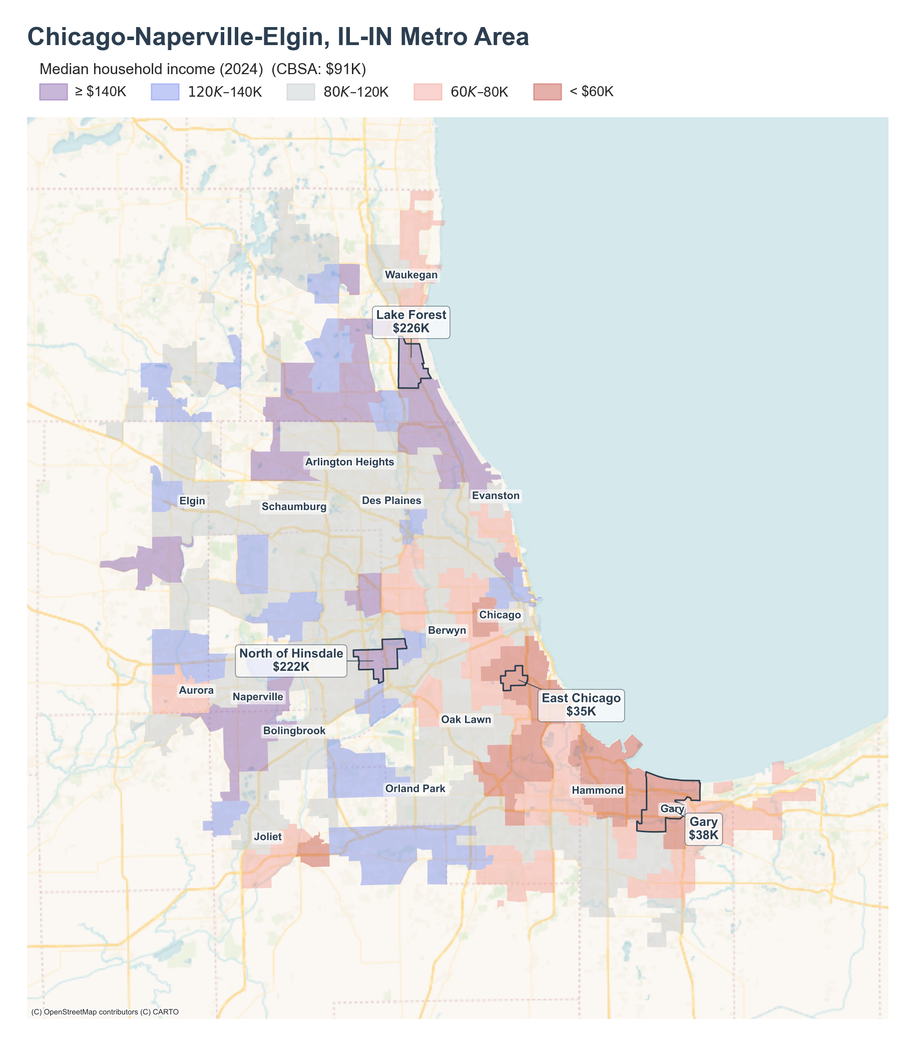 Median household income (2024) by neighborhood across the Chicago–Naperville–Elgin metro