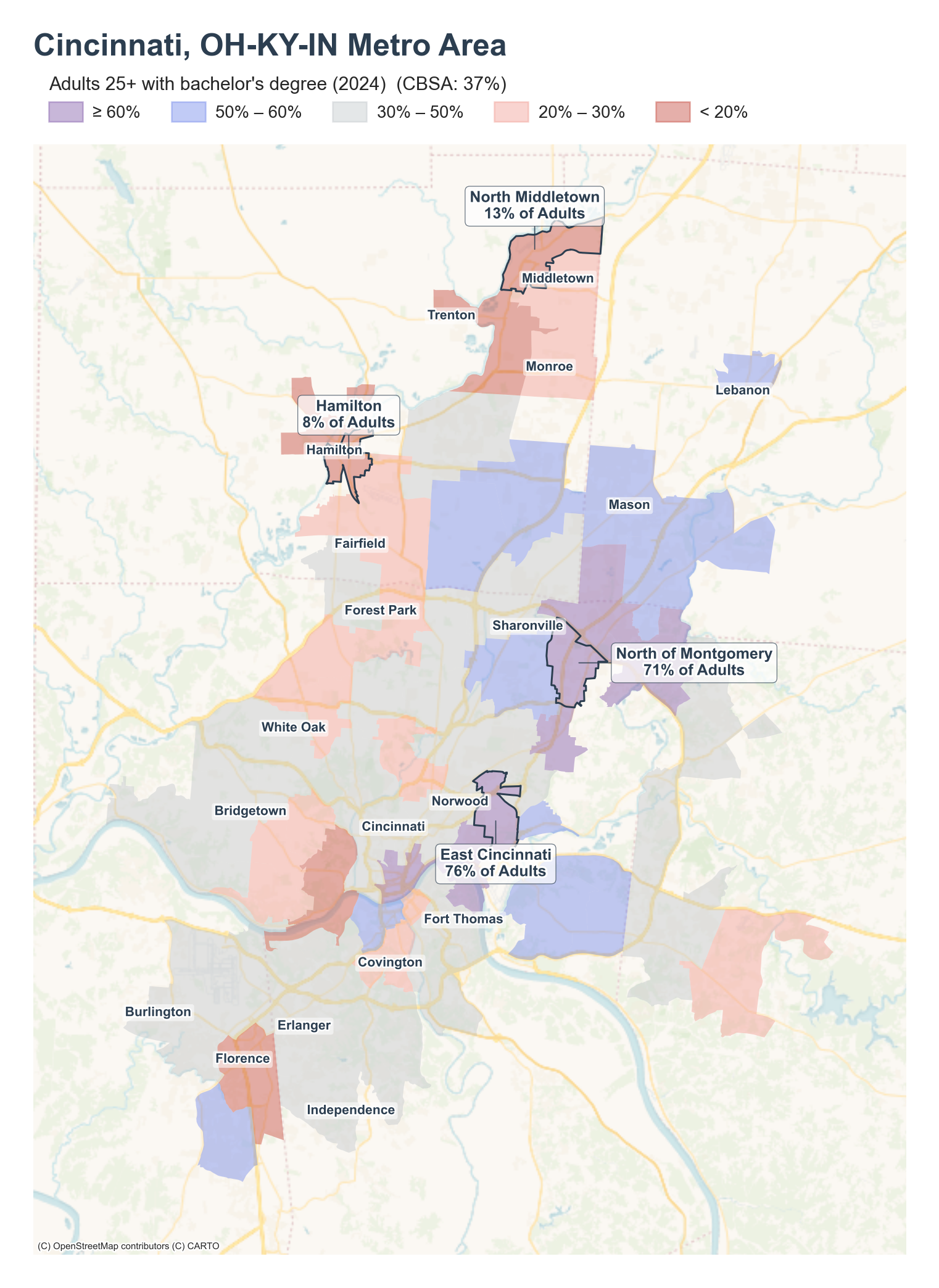 Adults 25+ with bachelor's degree (2024) by neighborhood across the Cincinnati metro