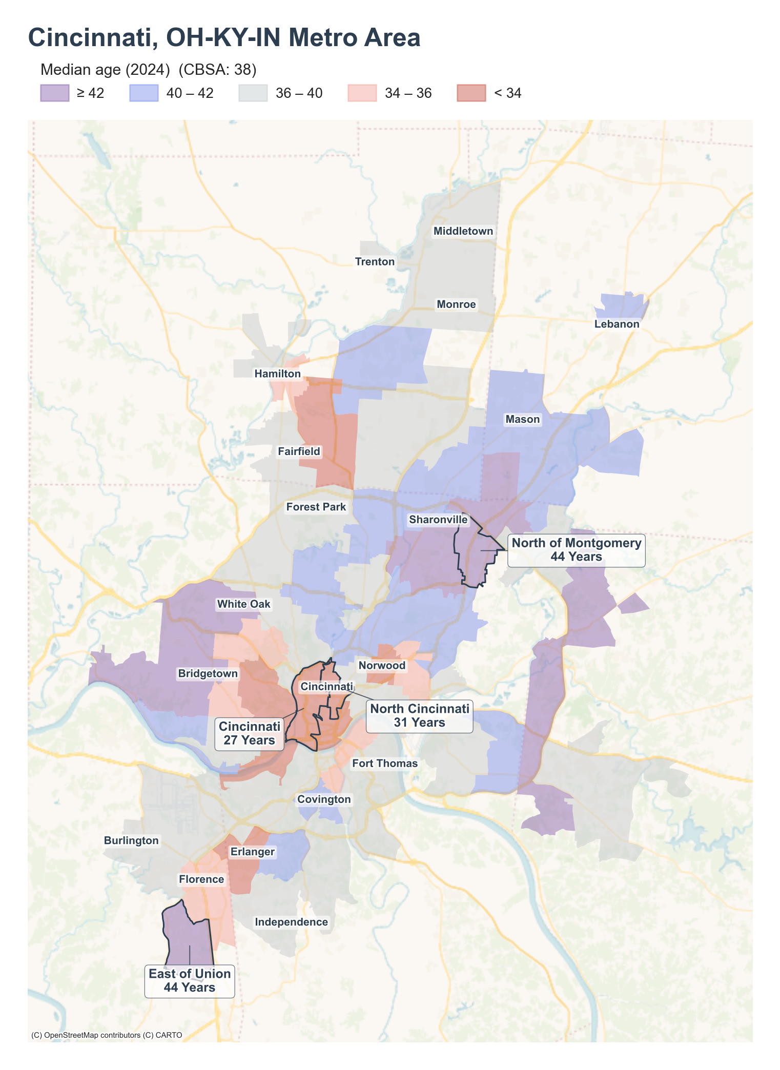 Median age (2024) by neighborhood across the Cincinnati metro