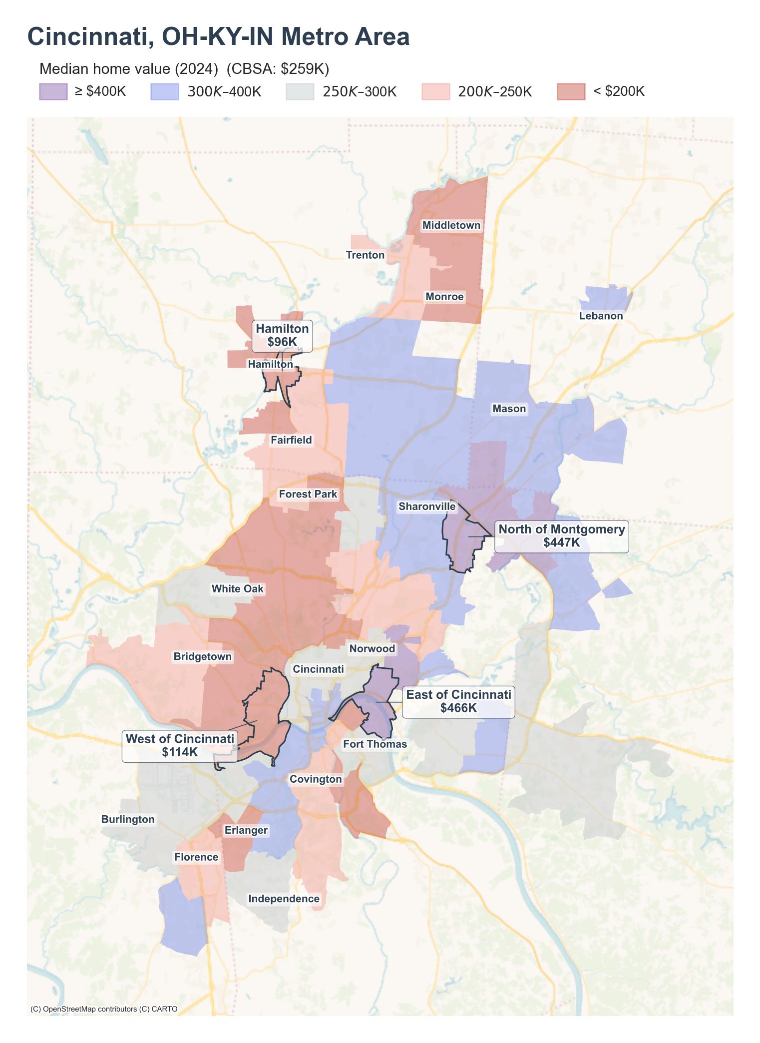 Median home value (2024) by neighborhood across the Cincinnati metro