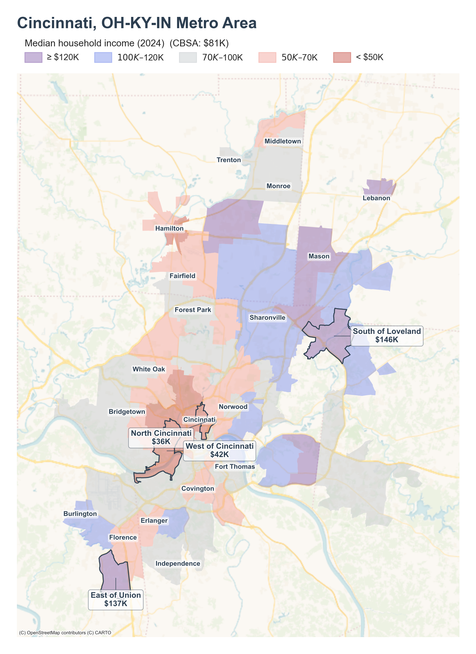 Median household income (2024) by neighborhood across the Cincinnati metro