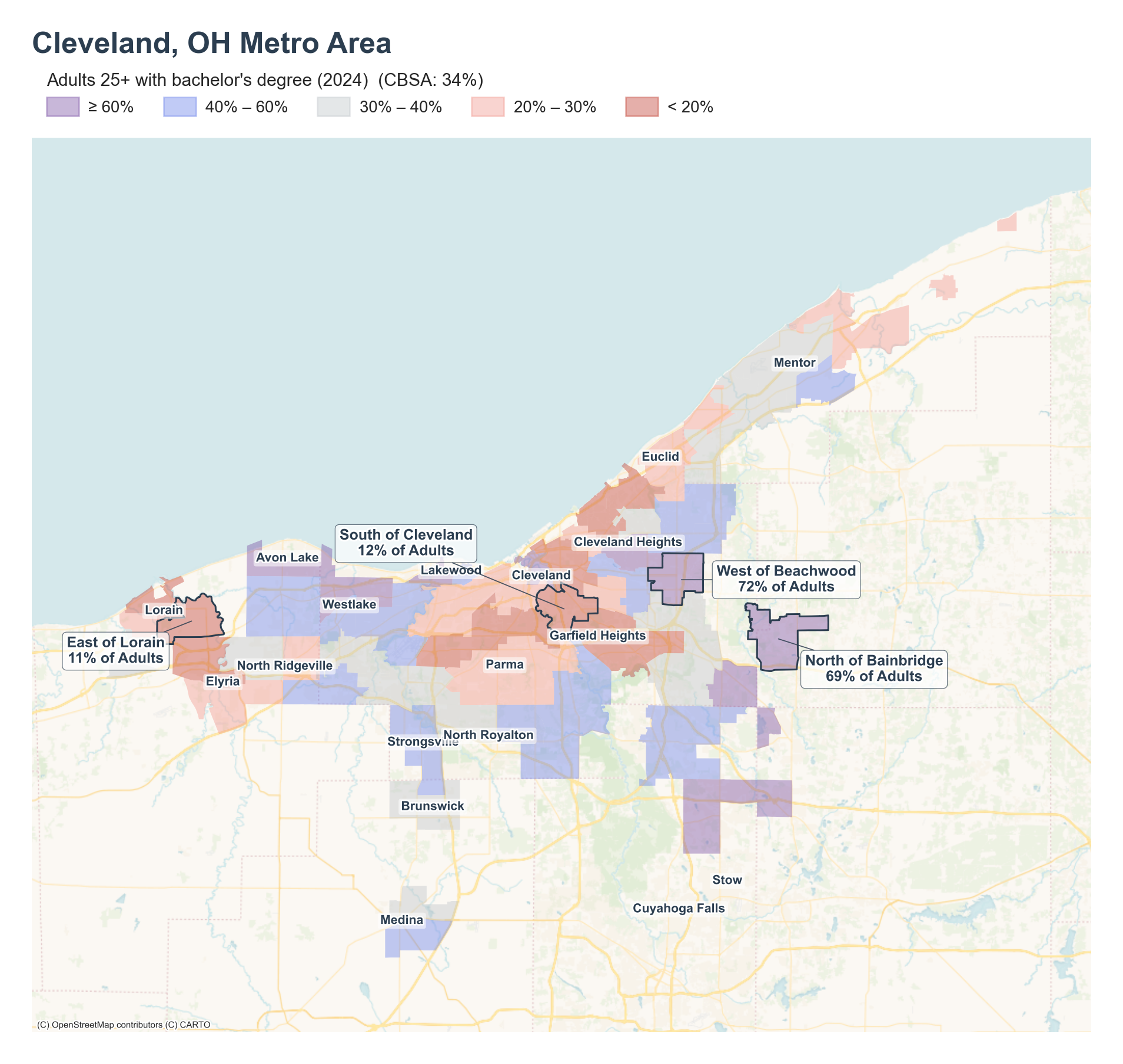 Adults 25+ with bachelor's degree (2024) by neighborhood across the Cleveland metro