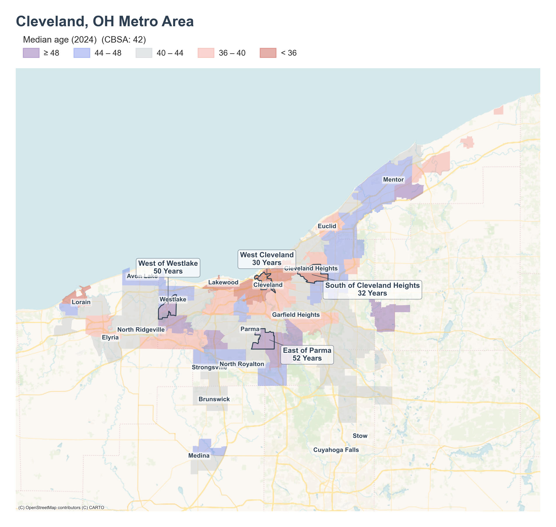 Median age (2024) by neighborhood across the Cleveland metro