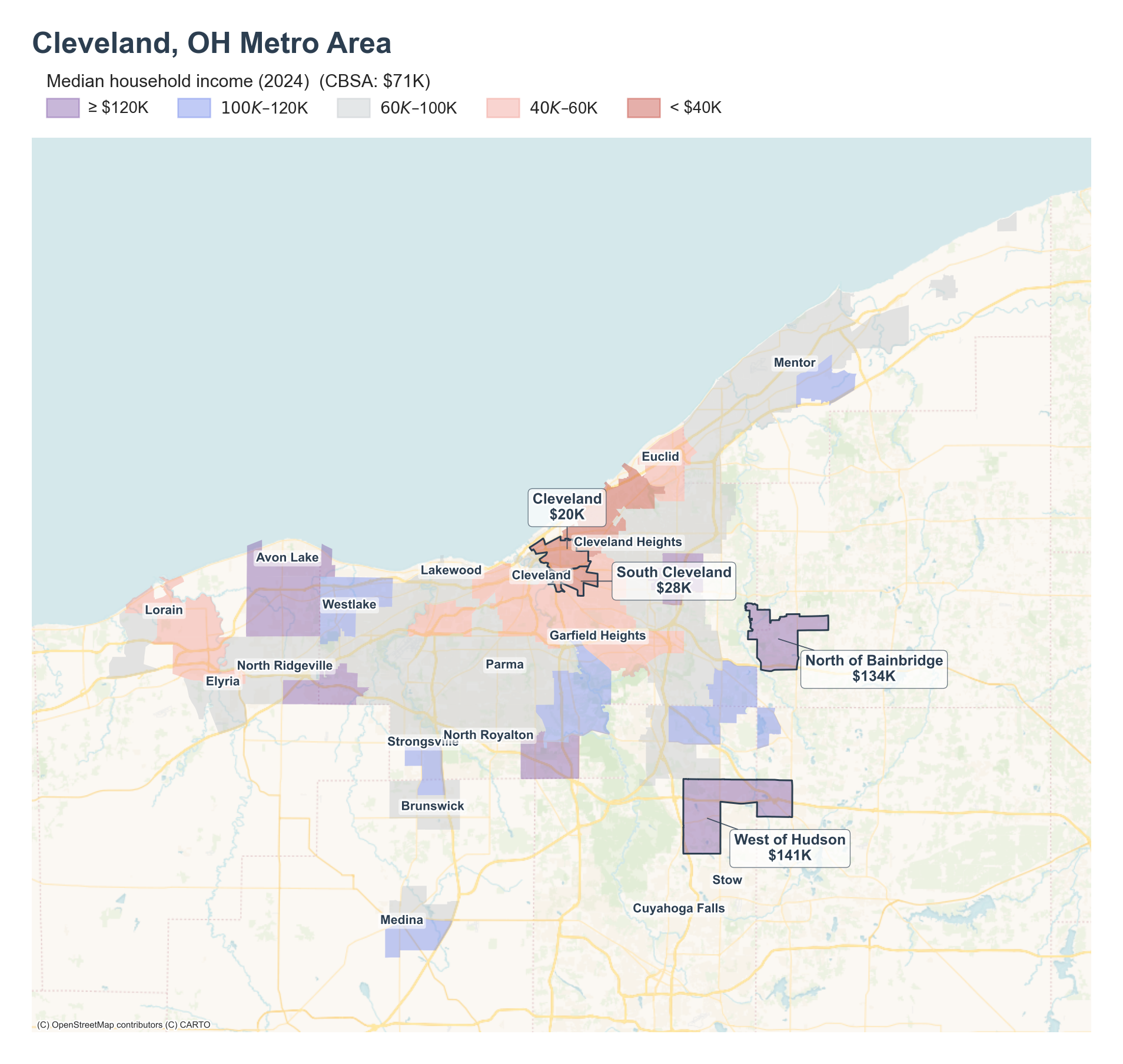 Median household income (2024) by neighborhood across the Cleveland metro