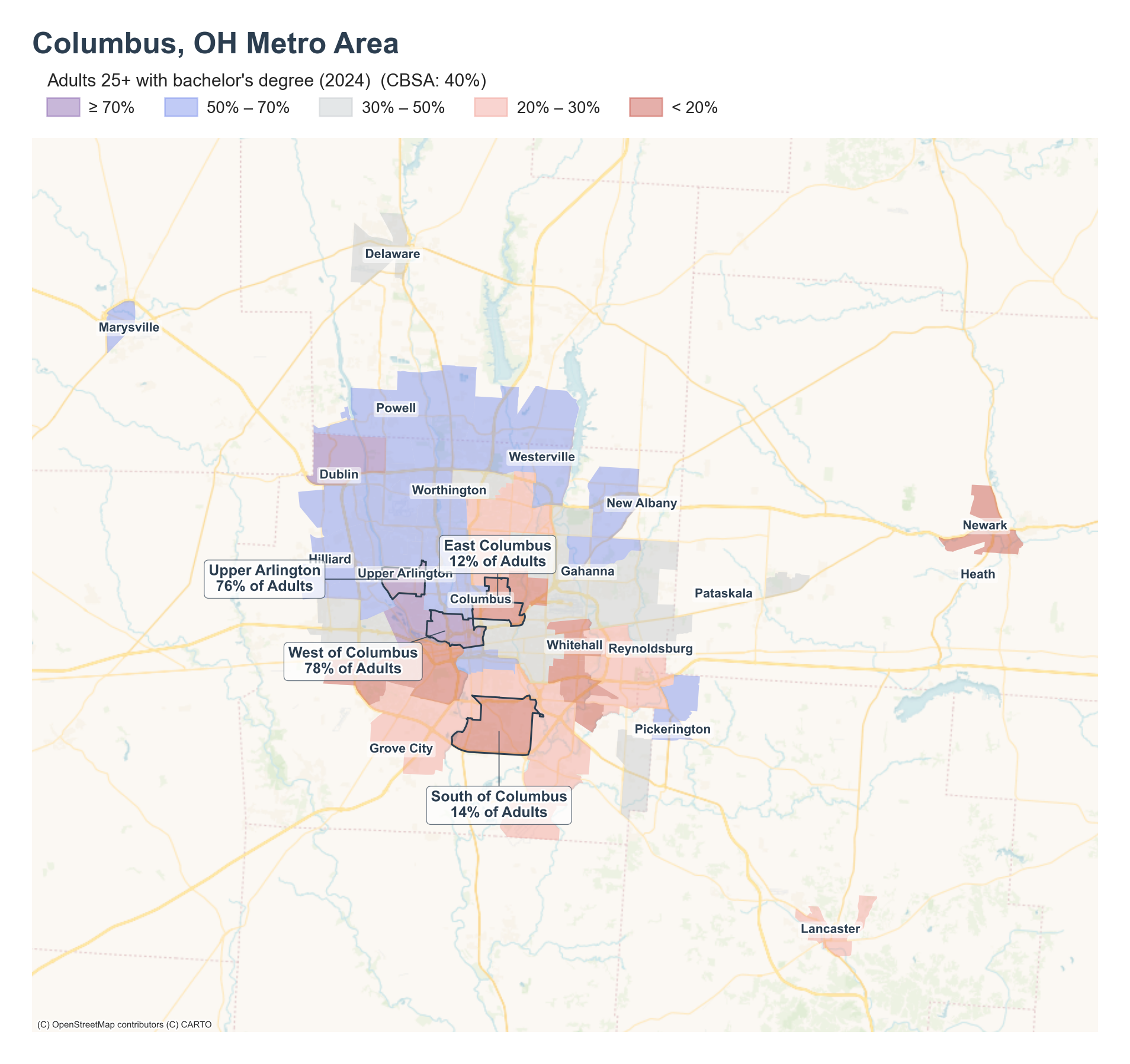 Adults 25+ with a bachelor's degree (2024) by neighborhood across the Columbus, OH metro