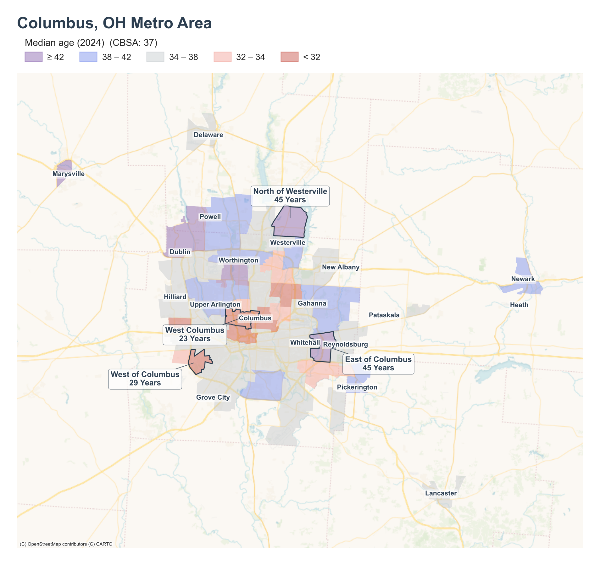 Median age (2024) by neighborhood across the Columbus, OH metro