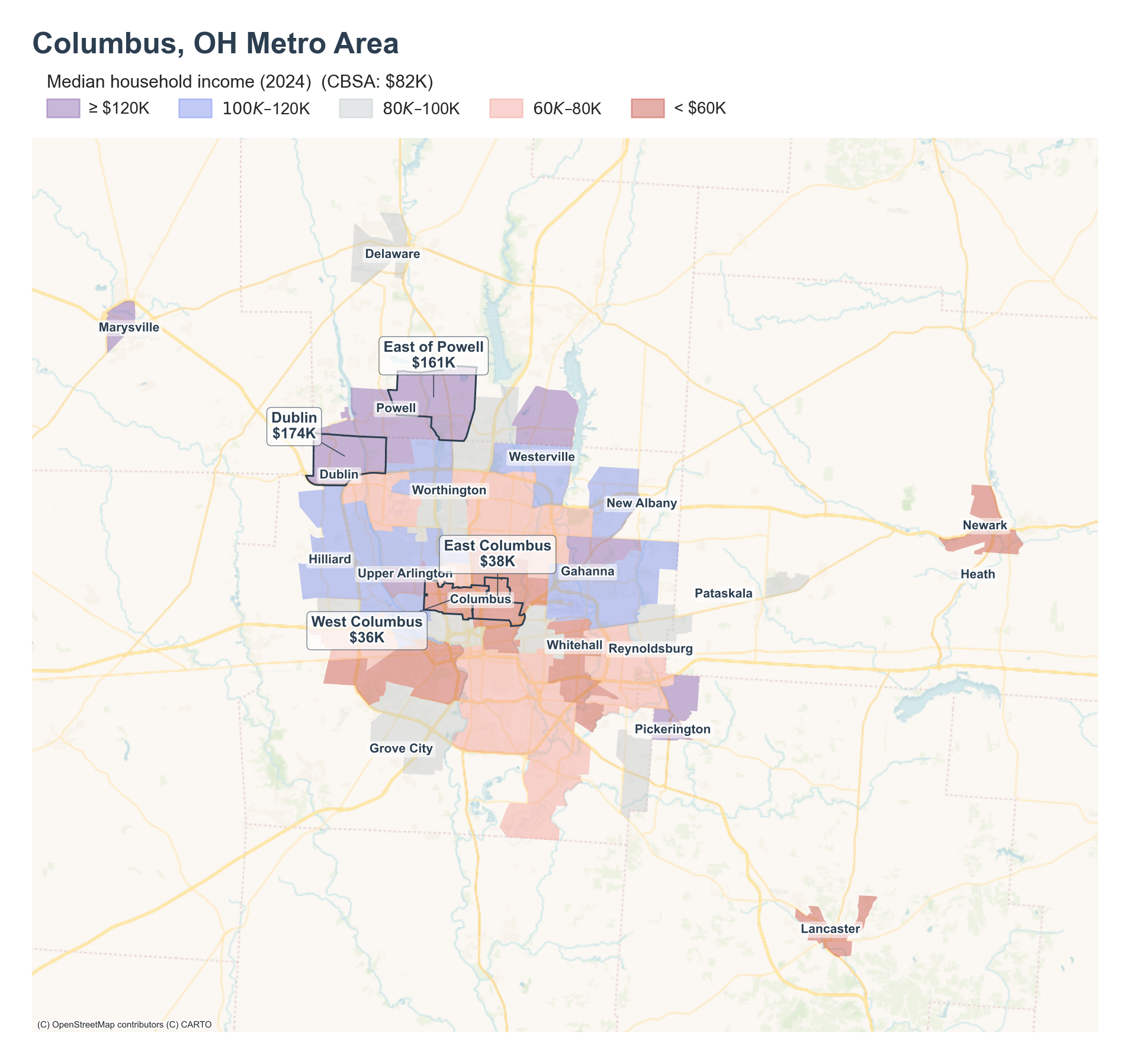 Median household income (2024) by neighborhood across the Columbus, OH metro