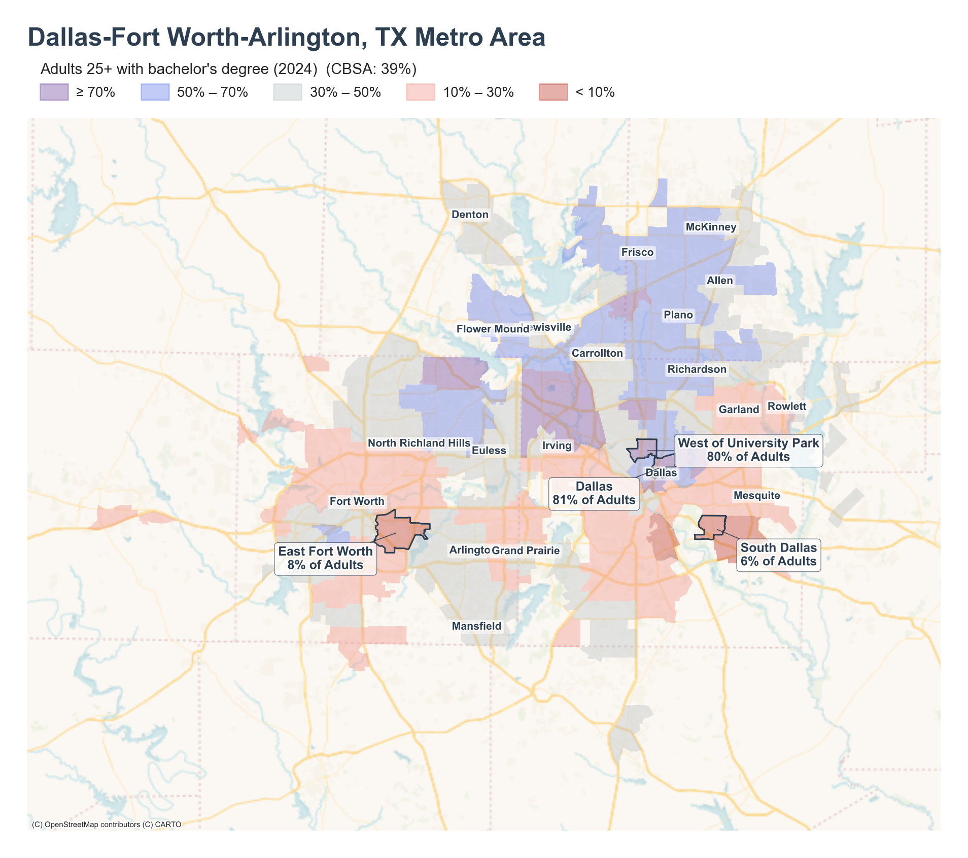Adults 25+ with bachelor's degree (2024) by neighborhood across the Dallas–Fort Worth metro