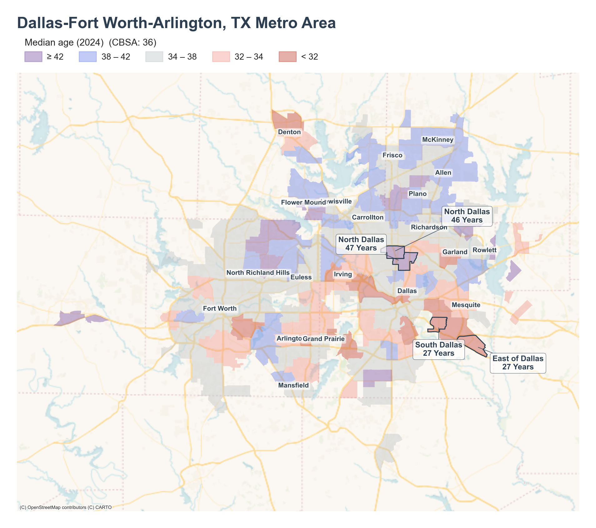 Median age (2024) by neighborhood across the Dallas–Fort Worth metro