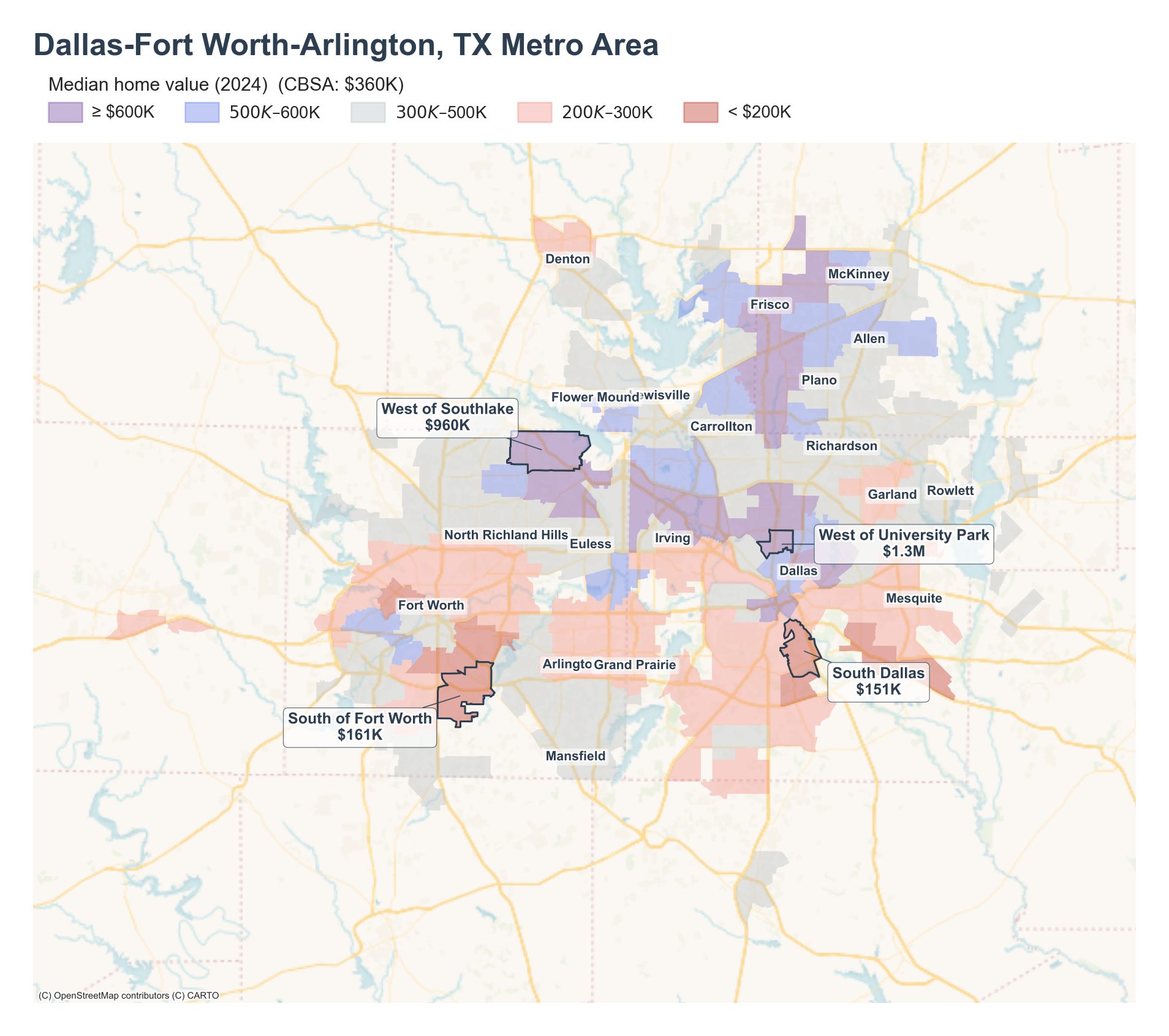 Median home value (2024) by neighborhood across the Dallas–Fort Worth metro