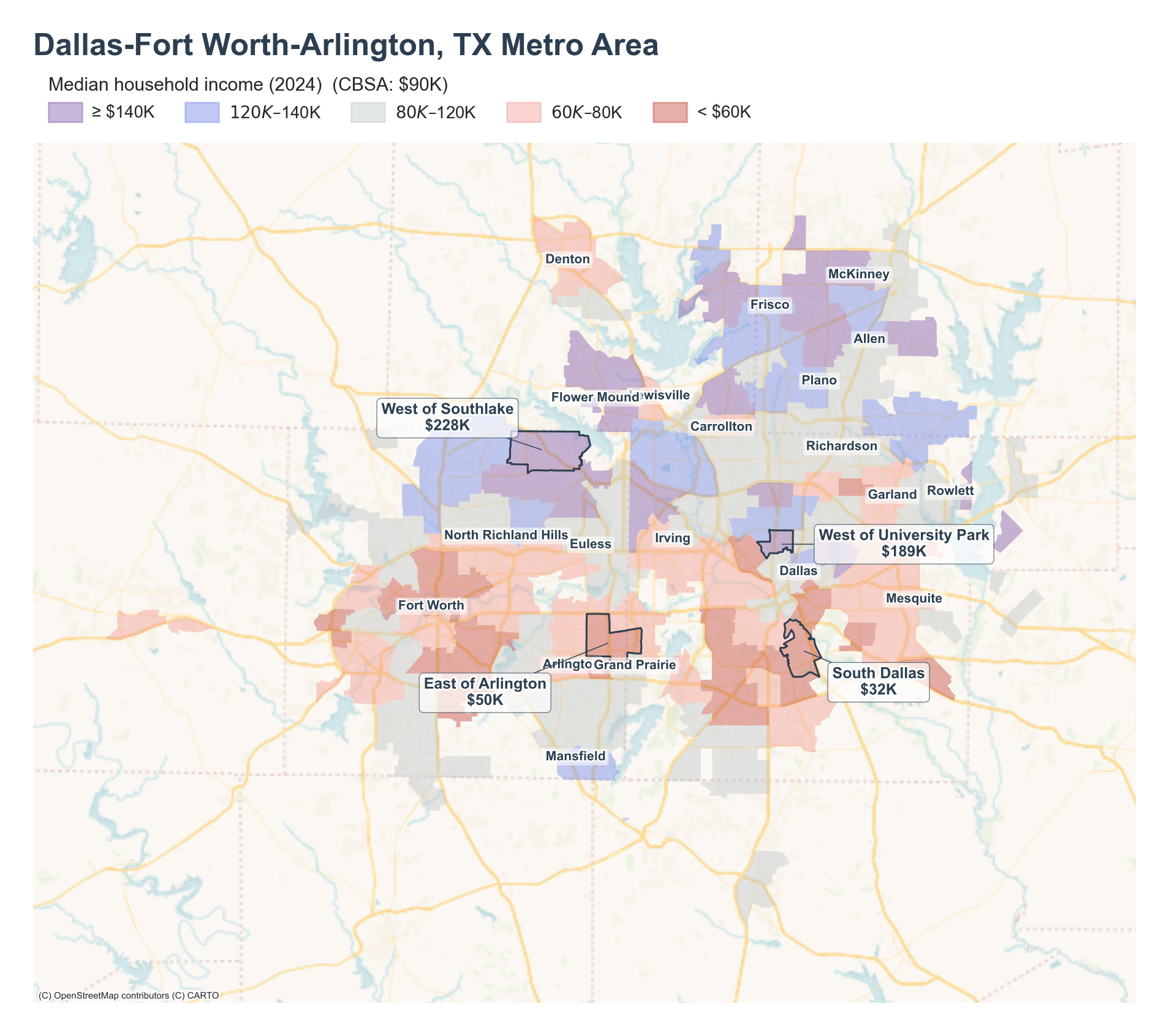 Median household income (2024) by neighborhood across the Dallas–Fort Worth metro