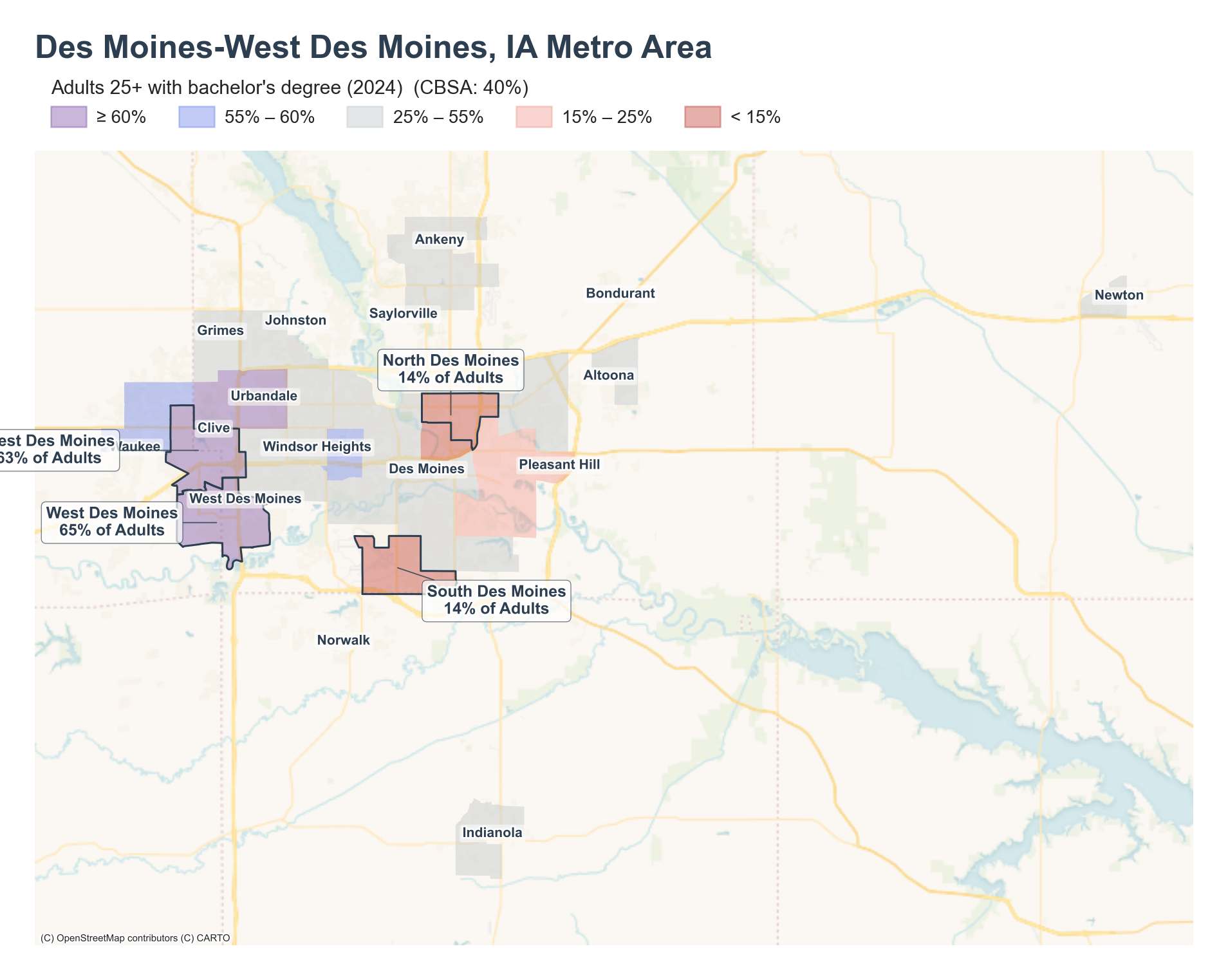 Adults 25+ with a bachelor's degree (2024) by neighborhood across the Des Moines–West Des Moines metro