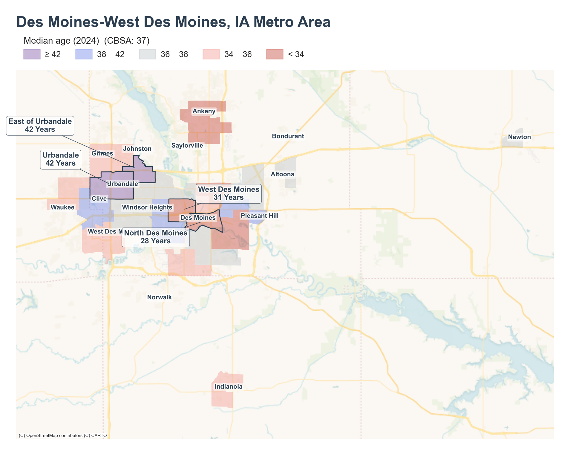 Median age (2024) by neighborhood across the Des Moines–West Des Moines metro