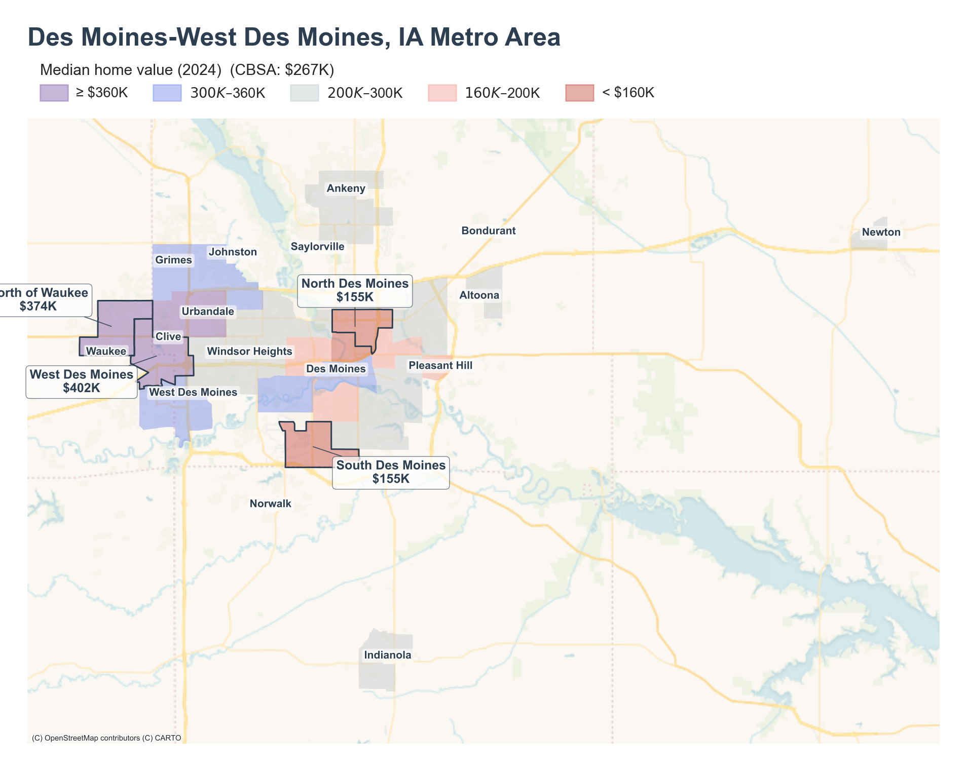 Median home value (2024) by neighborhood across the Des Moines–West Des Moines metro