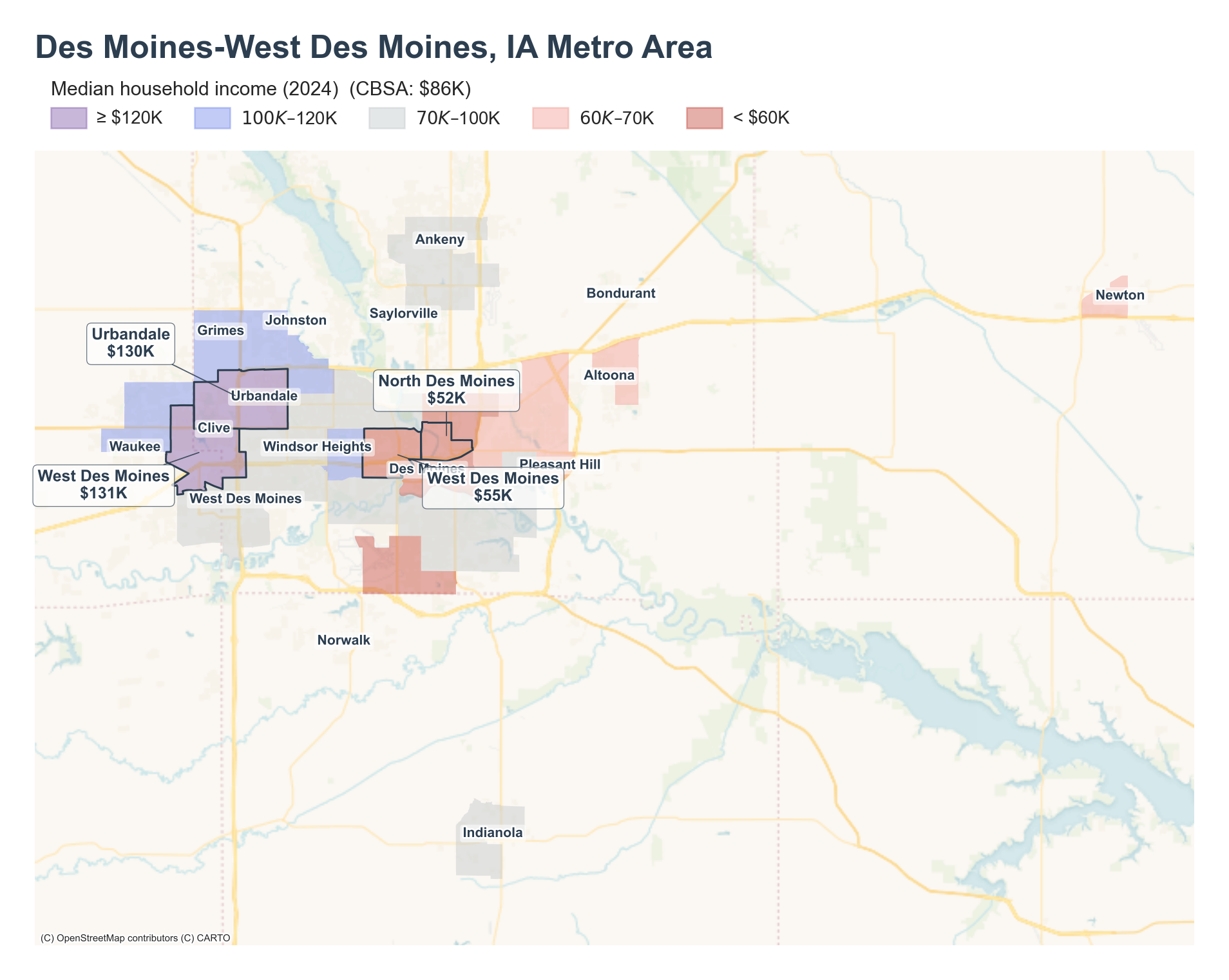 Median household income (2024) by neighborhood across the Des Moines–West Des Moines metro