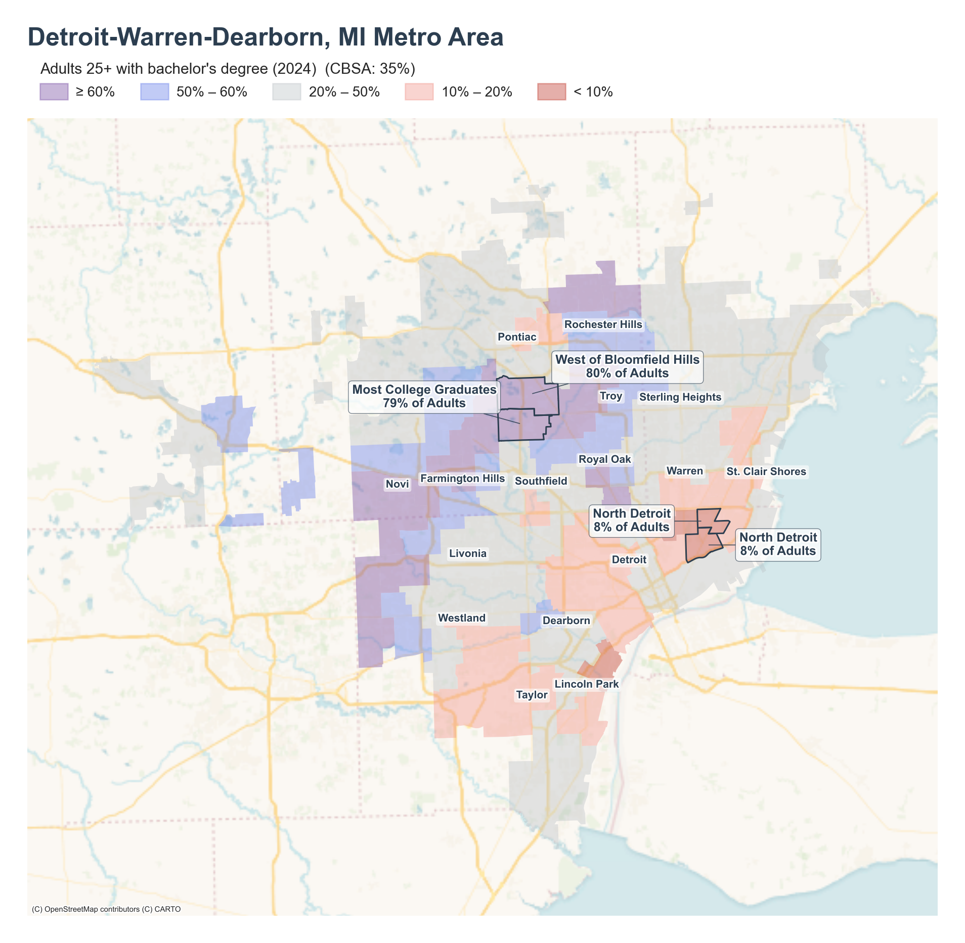Adults 25+ with bachelor's degree (2024) by neighborhood across the Detroit metro