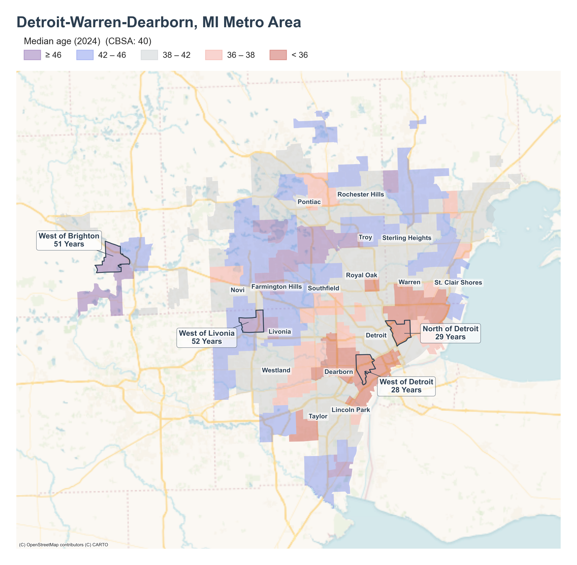 Median age (2024) by neighborhood across the Detroit metro