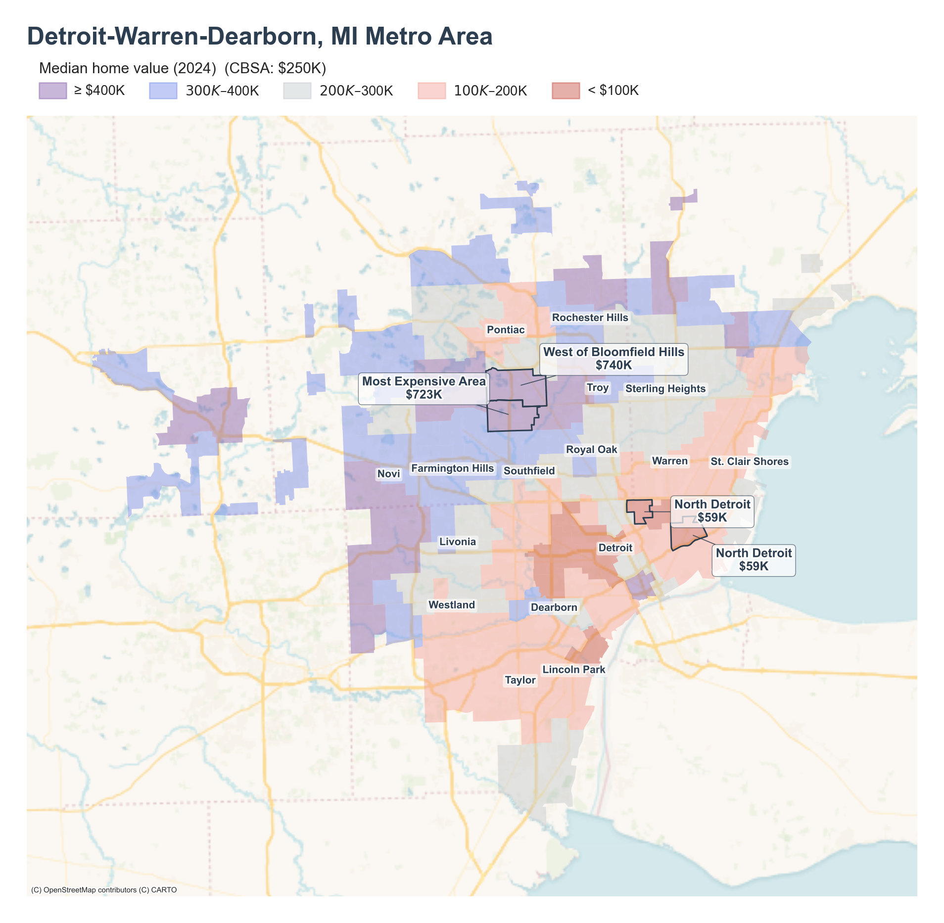 Median home value (2024) by neighborhood across the Detroit metro