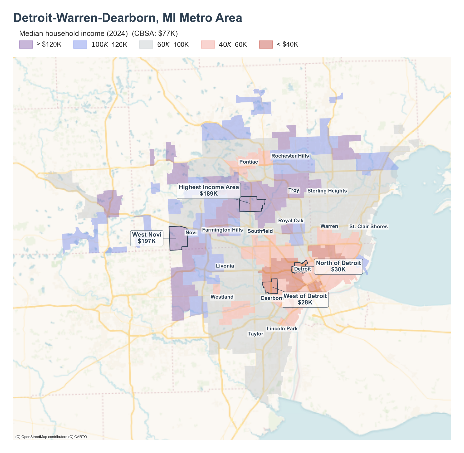 Median household income (2024) by neighborhood across the Detroit metro