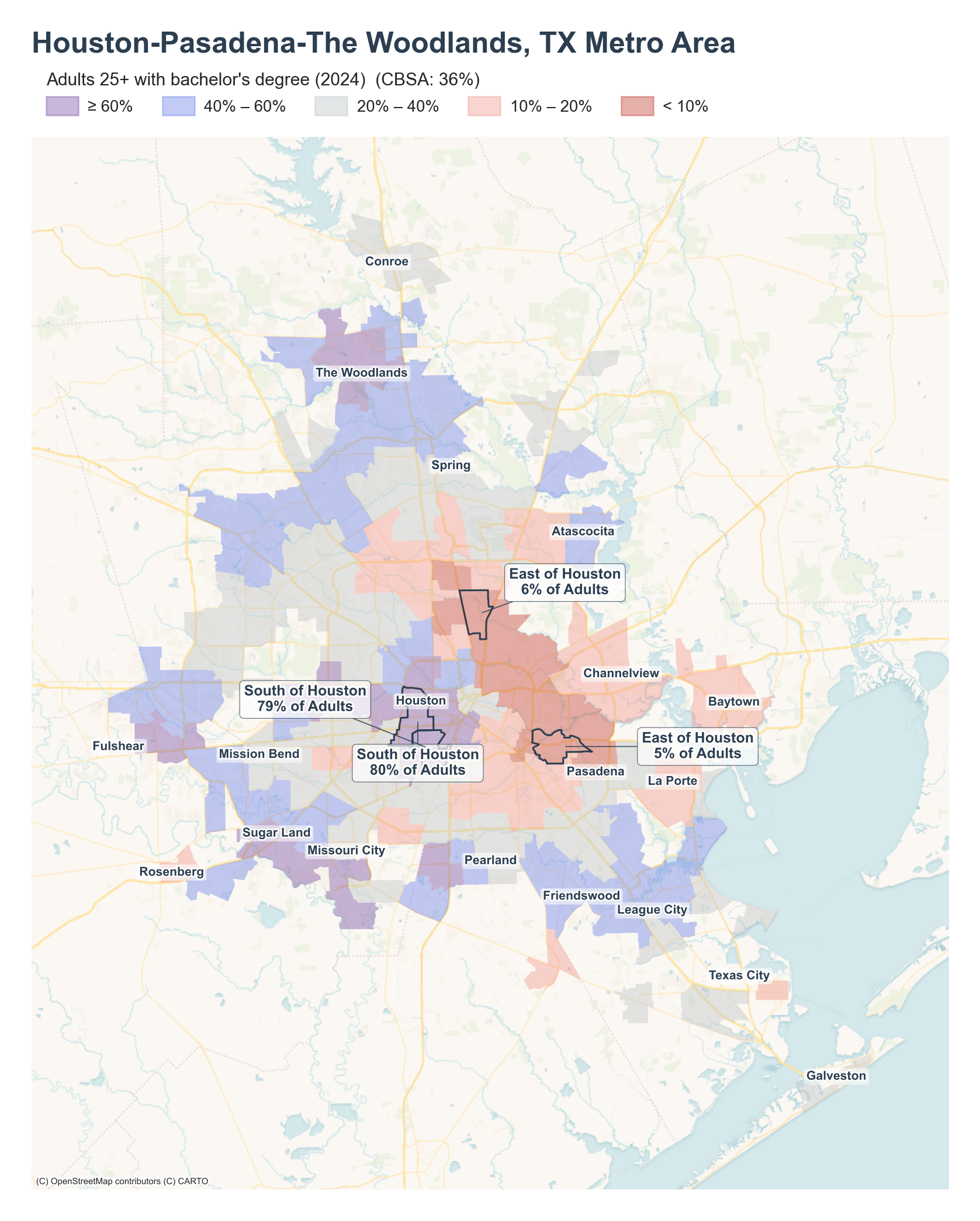 Adults 25+ with bachelor's degree (2024) by neighborhood across the Houston metro